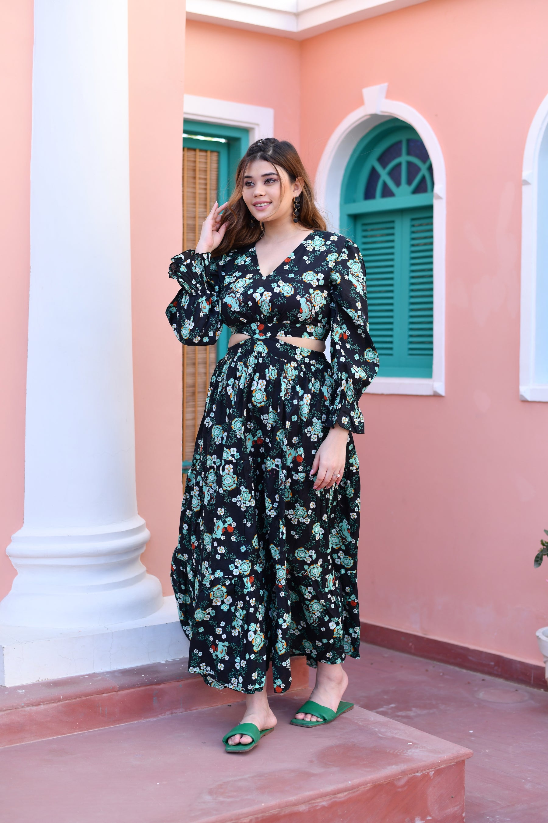 Midnight Bloom Cut Out Cotton Long Dress