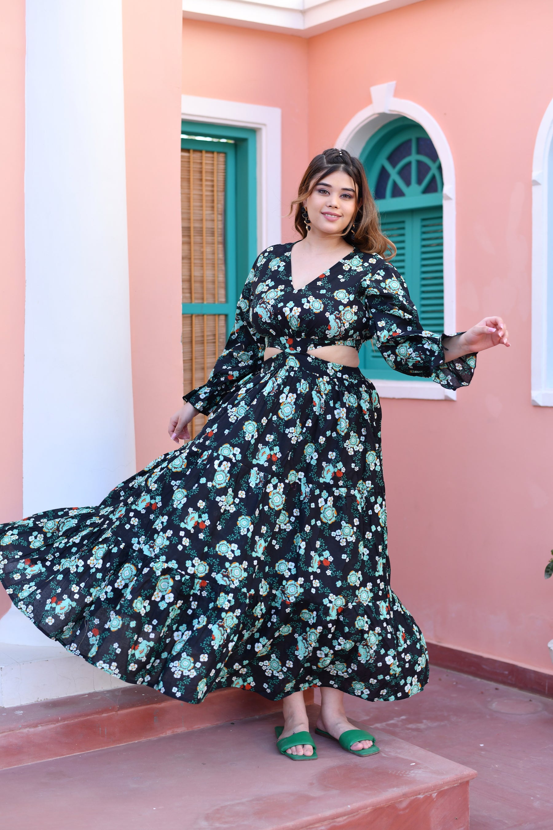 Midnight Bloom Cut Out Cotton Long Dress