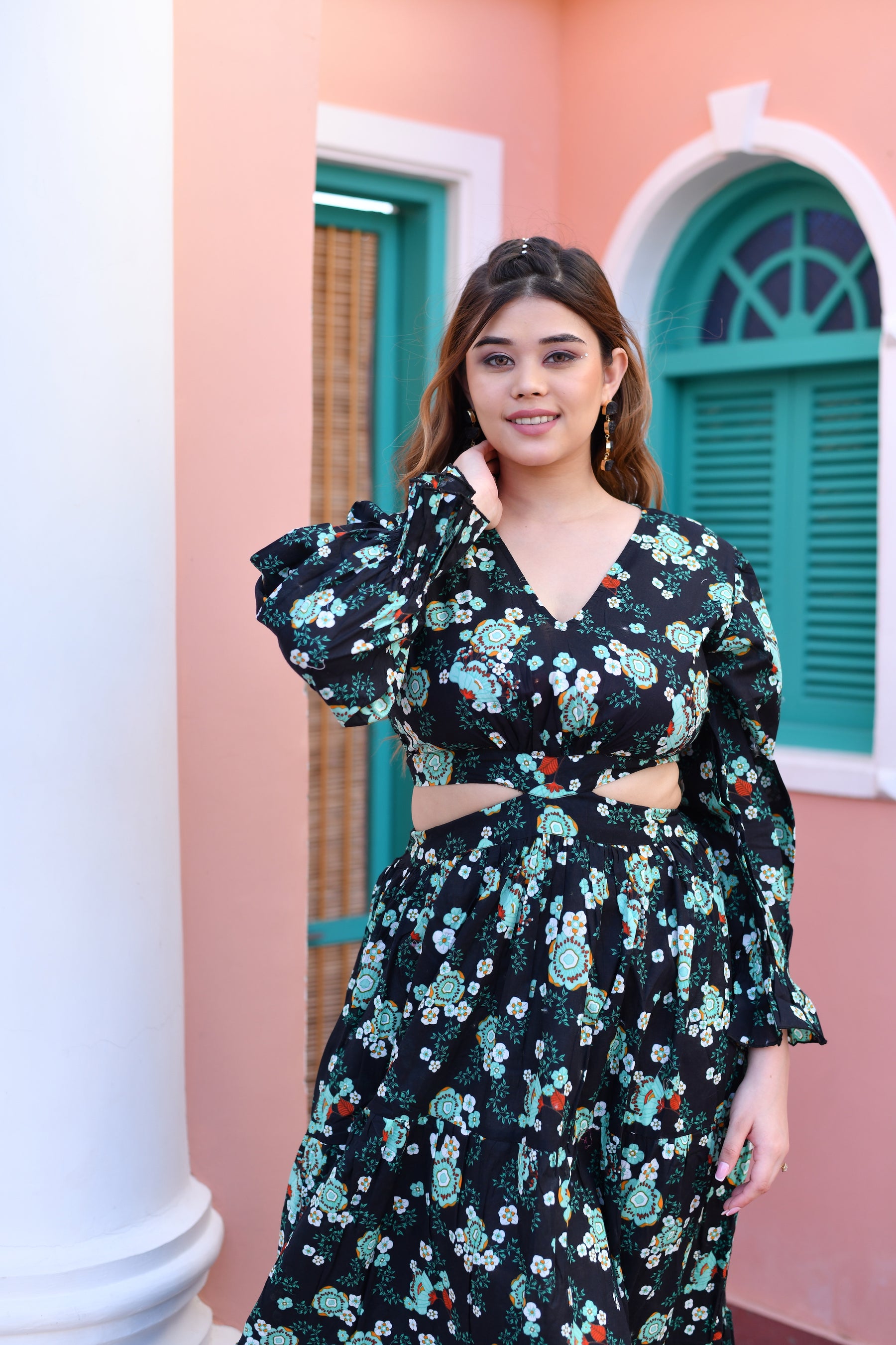 Midnight Bloom Cut Out Cotton Long Dress