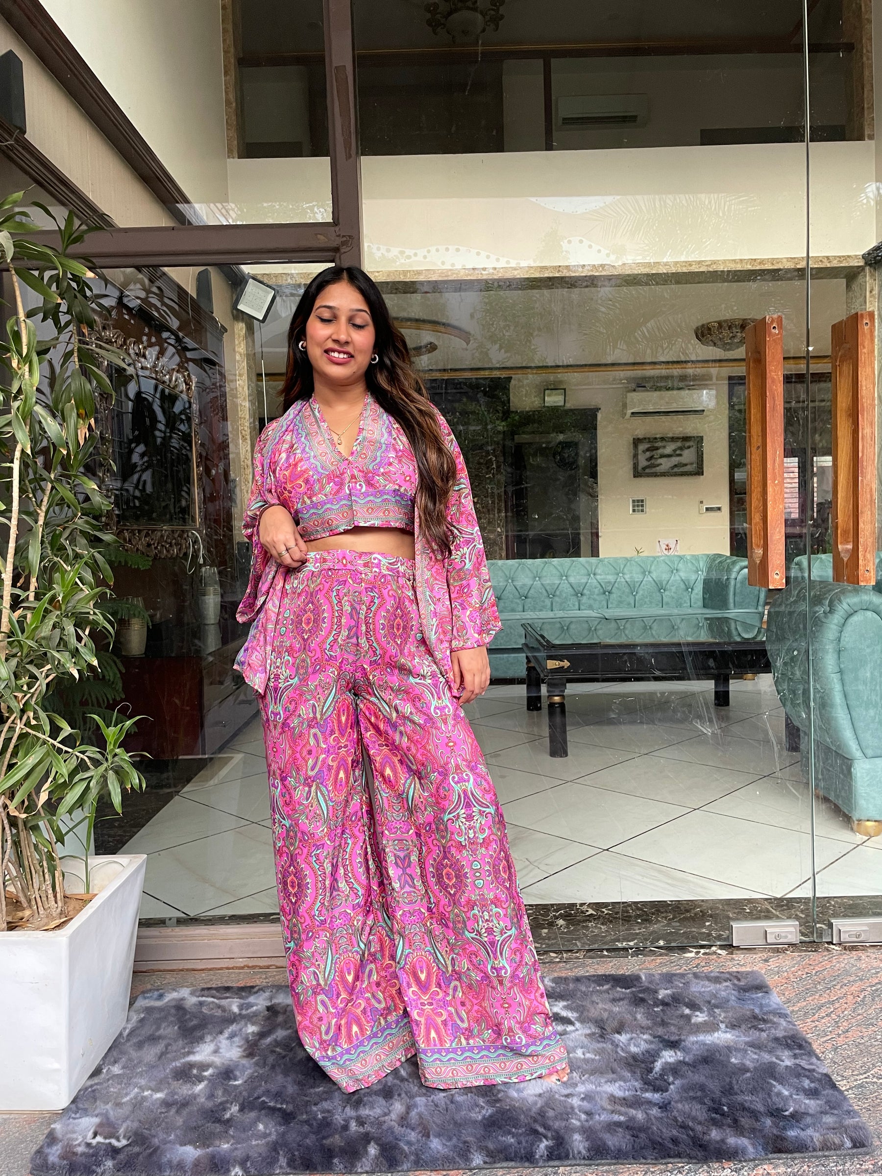 Boho Printed Bell Sleeves Kimono Coordinate Set - Rosy Blush