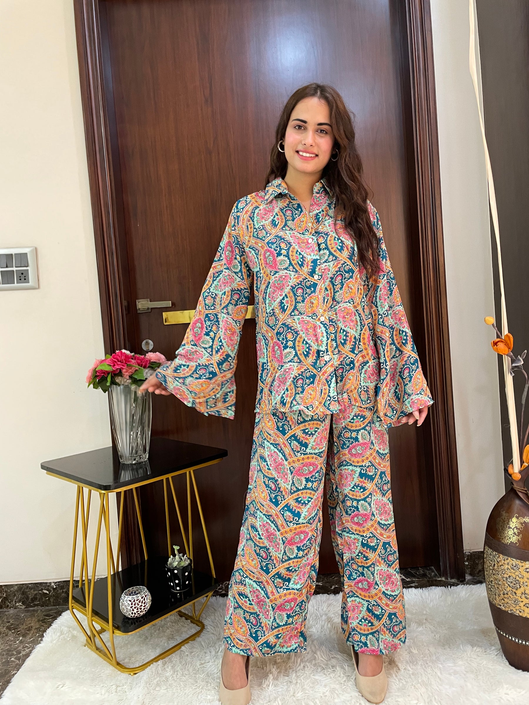 Boho Printed Bell Sleeves Coordinate Set - Oceanic Elegance ( Two - Piece)