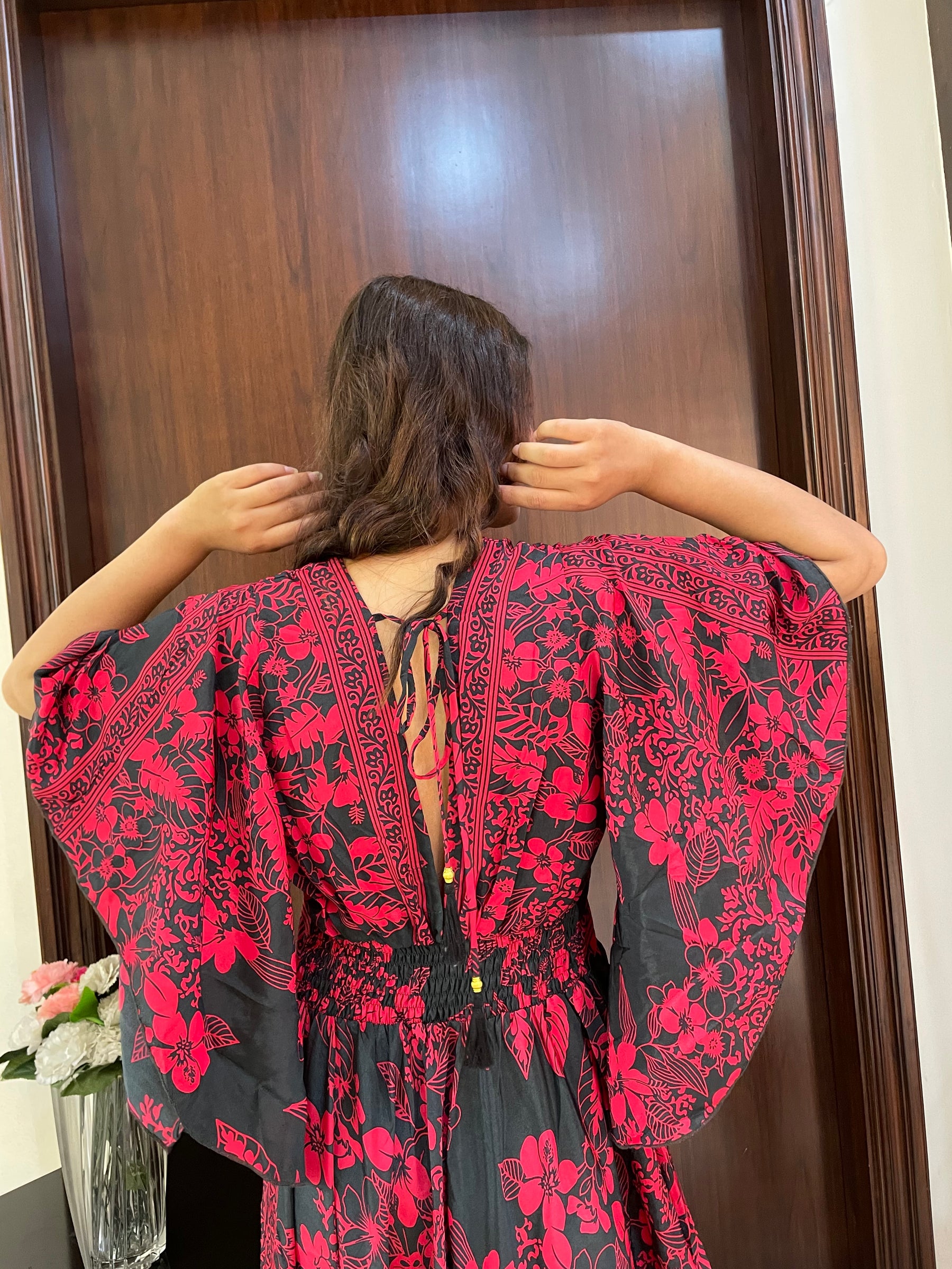 Bell Sleeves Criss Cross Front Boho Printed Maxi Dress - Red