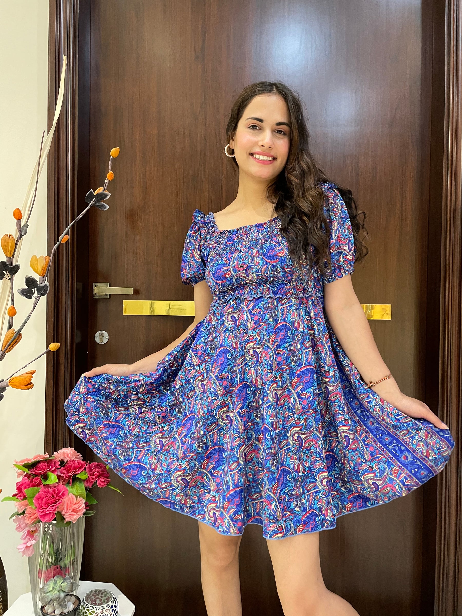 Elasticated Bust Boho Print Short Dress