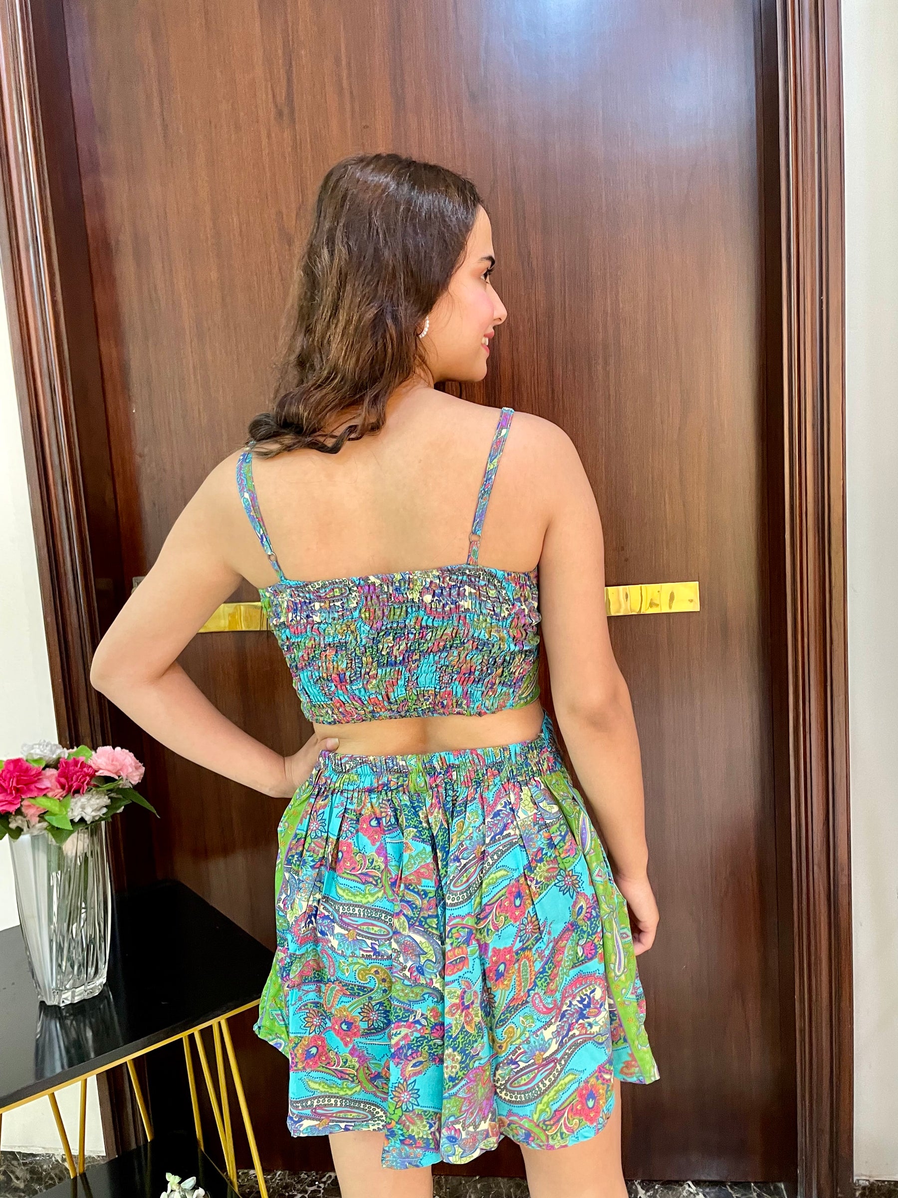 Puff Sleeves Kimono and Shorts Coordinate Set (3 Piece)- Tropical Teal