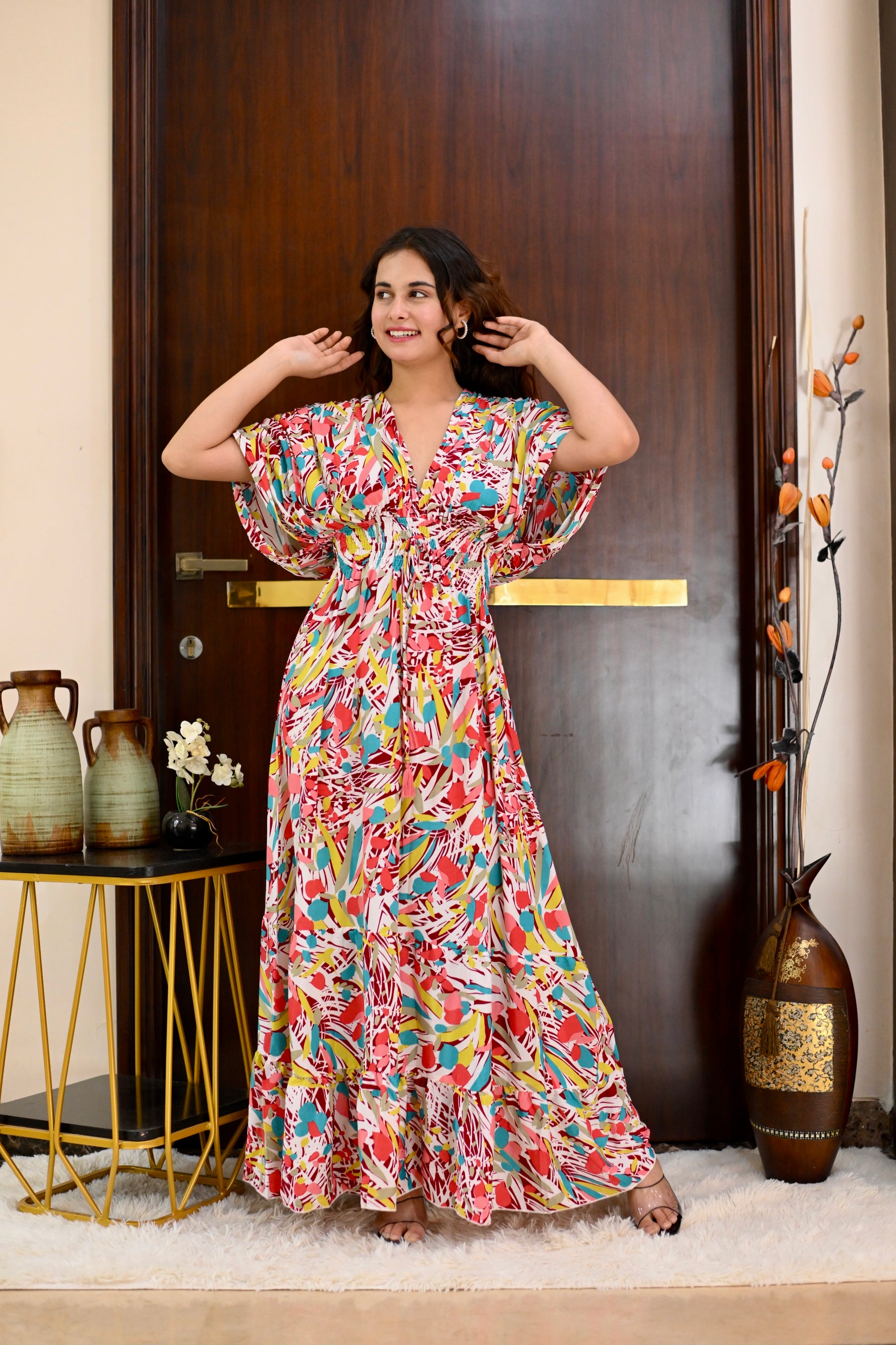 Ballon Pattern Boho Printed Maxi Dress - Rosy Elegance