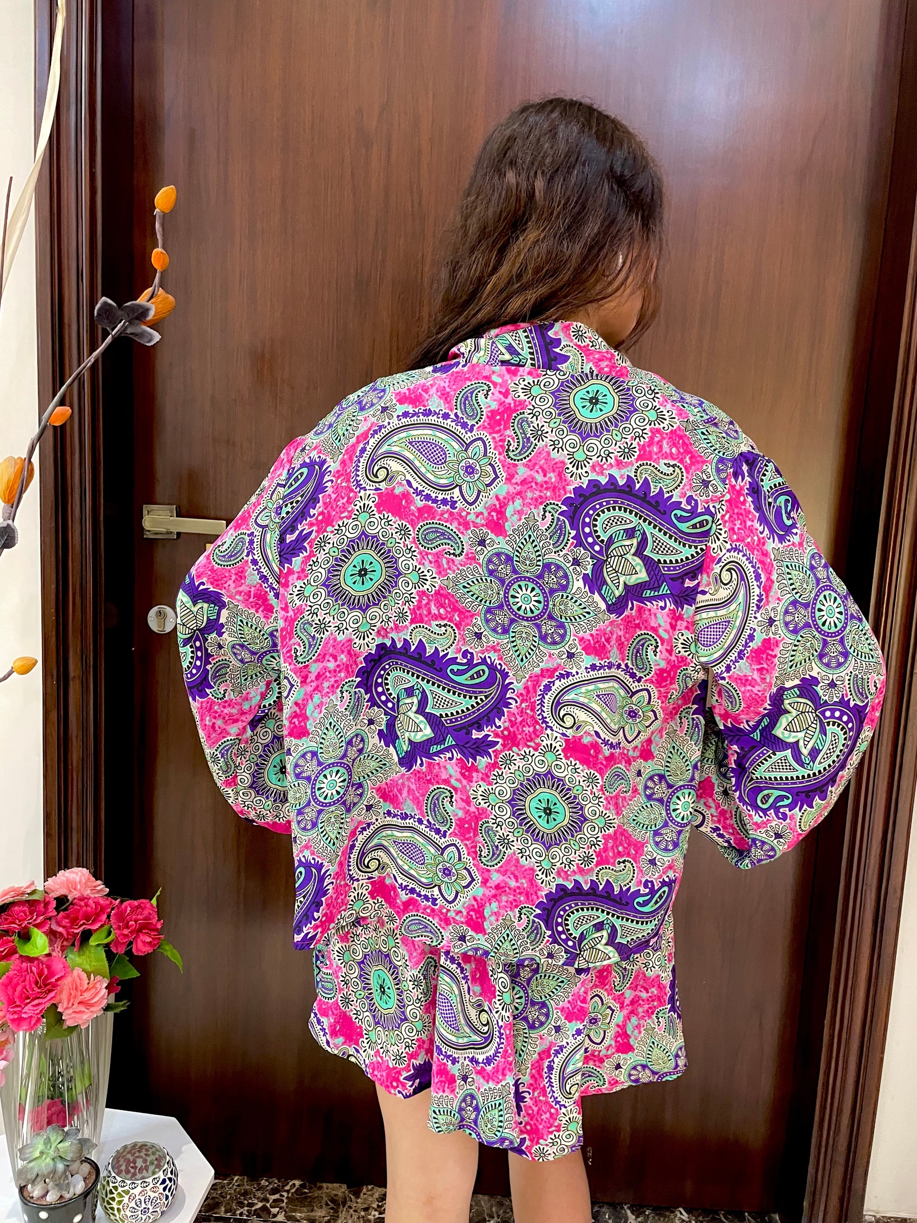 Puff Sleeves Kimono and Shorts Coordinate Set (3 Piece)- Pink