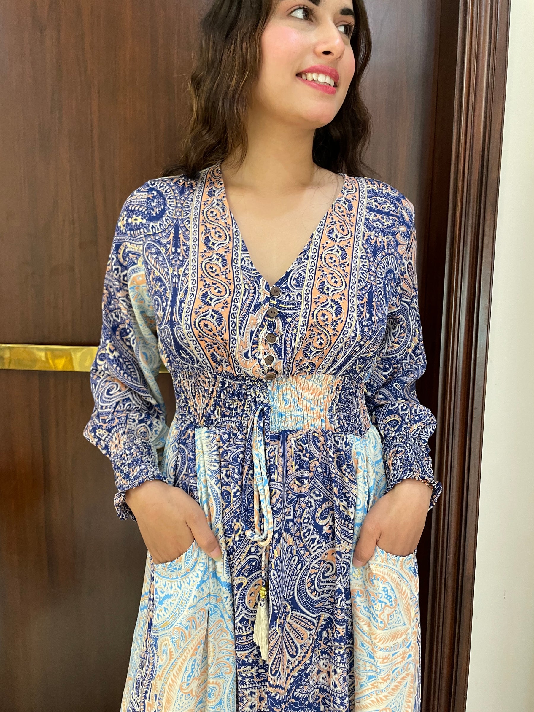 Two shade full sleeves gold(foil)print featured boho maxi dress - Smisingbee