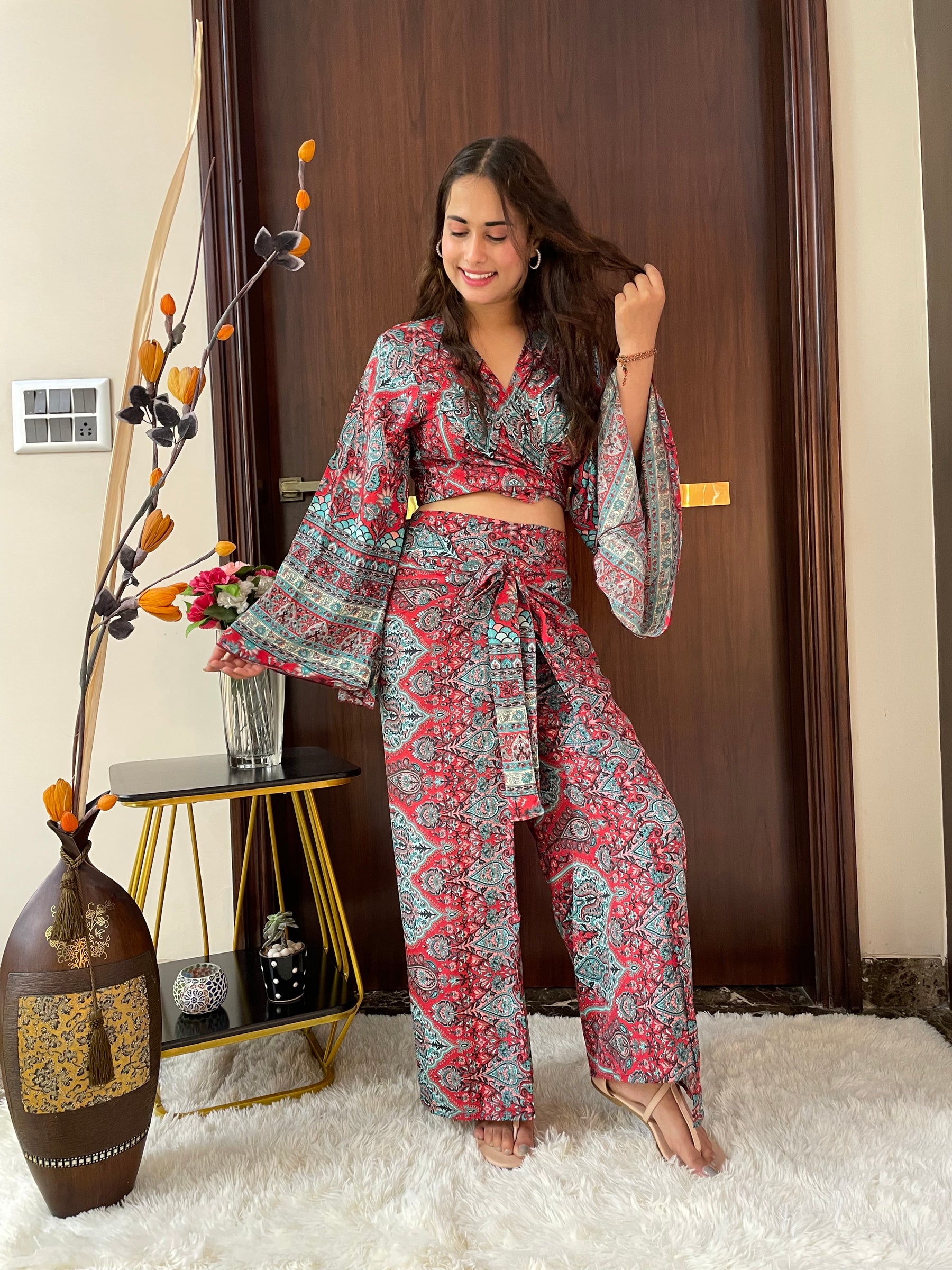 Boho Printed Wrap Trouser - Red