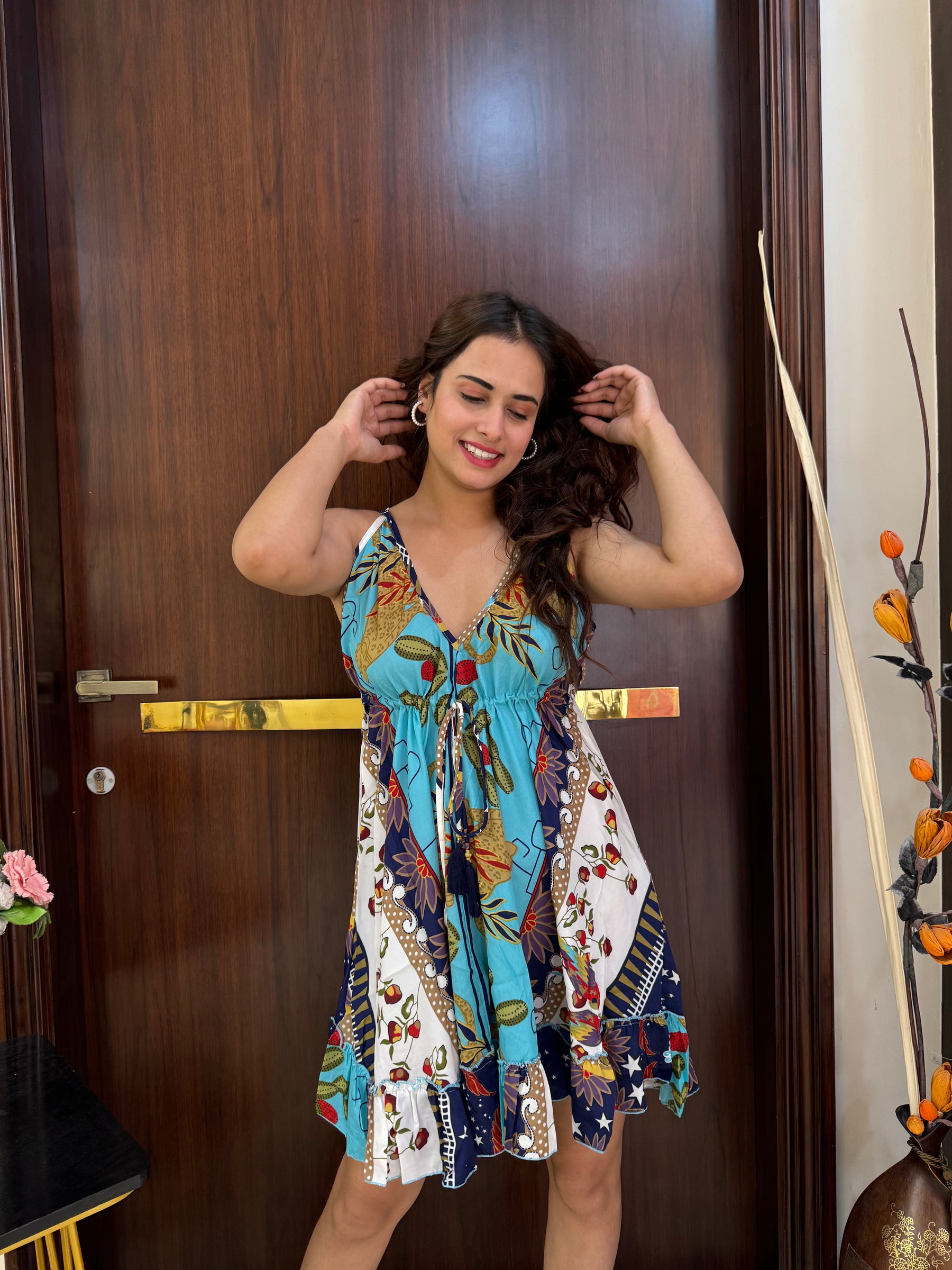 Frilled Flair Back Boho Printed Short Dress- Starlight SmisingBee