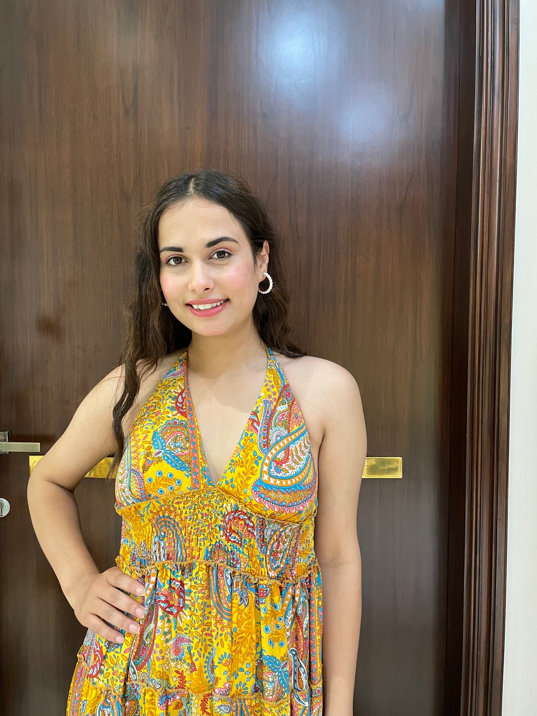Halter Neck Multi Panel Boho printed Maxi Dress In Yellow