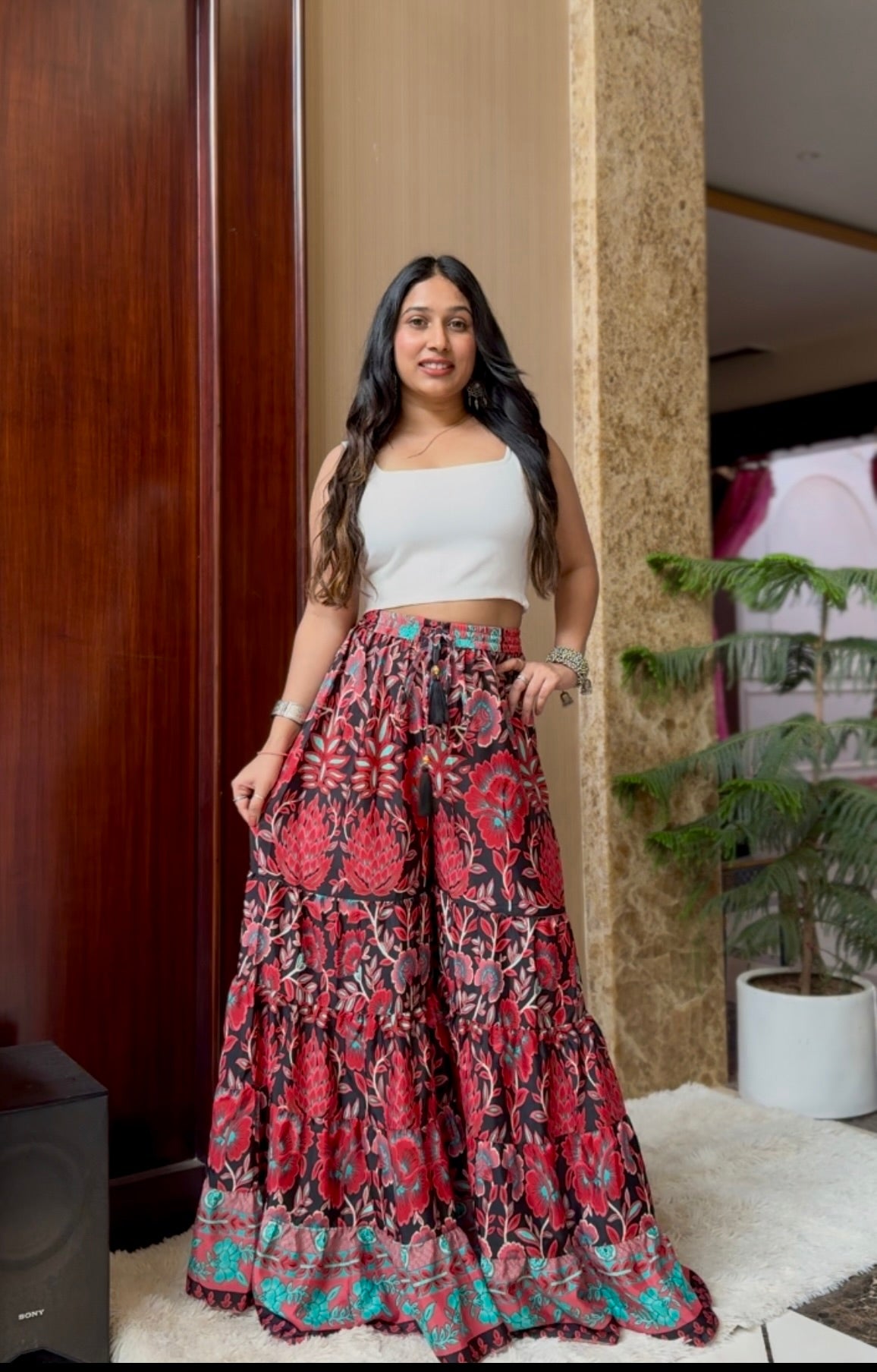 Ruffle Panel Boho Printed Palazzo - Red