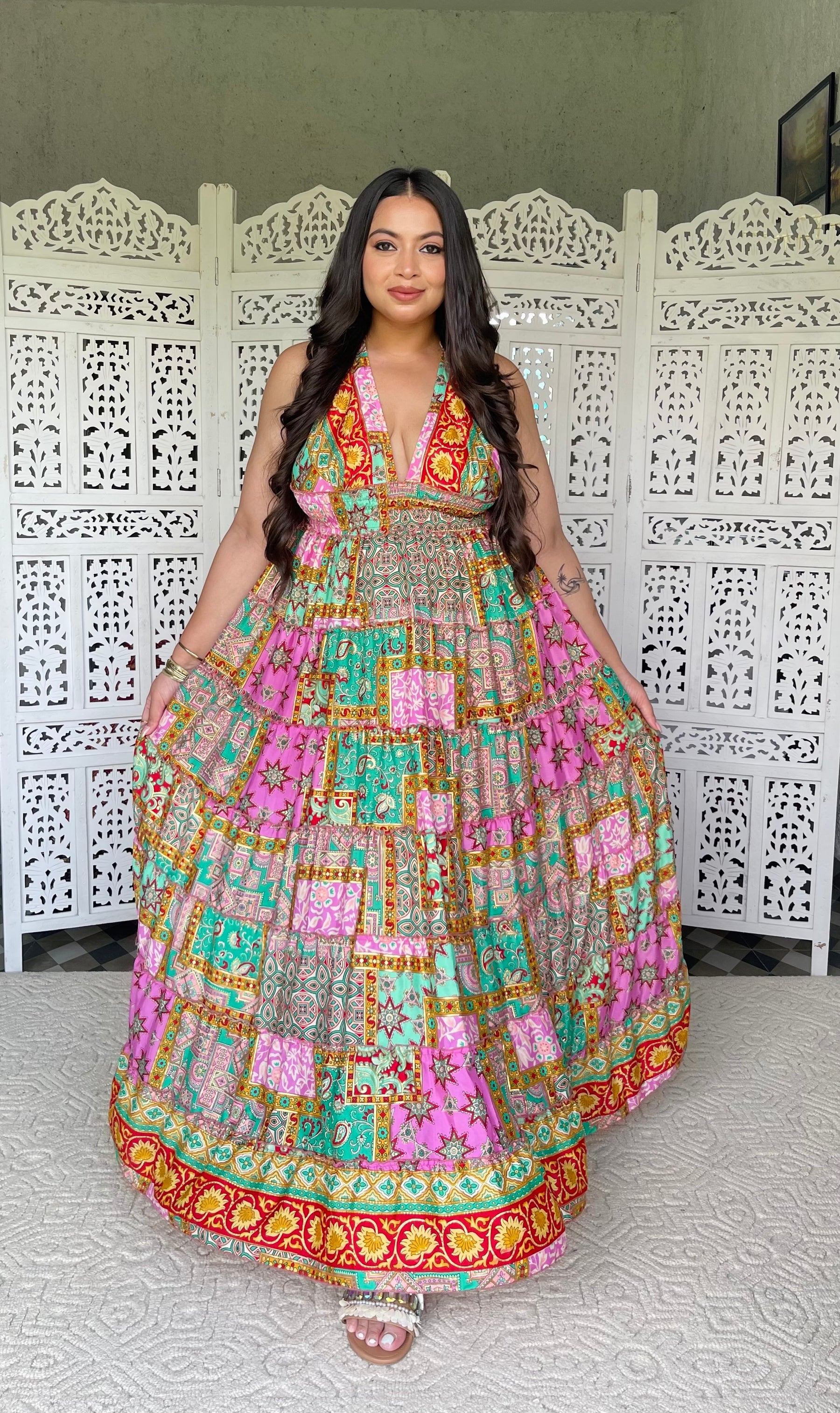Halter Neck Multi Panel Boho printed Maxi Dress - Rainbow Rhythm