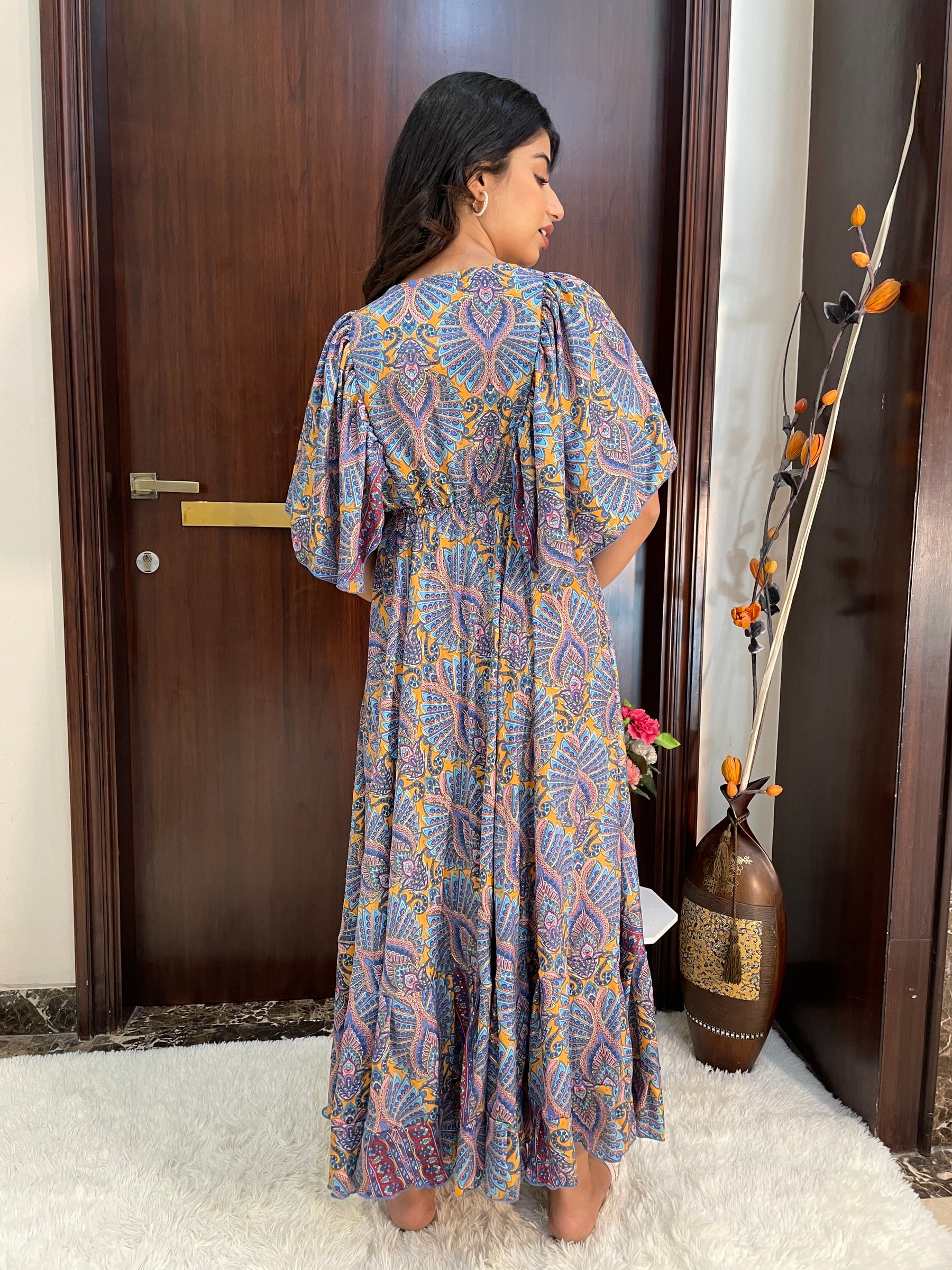 Deep V neck gold (foil) print featured boho maxi dress-Smisingbee