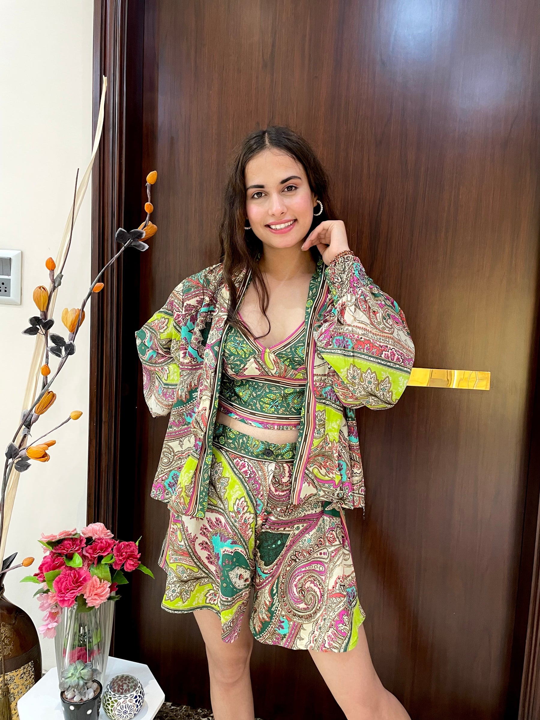 Puff Sleeves Kimono and Shorts Coordinate Set (3 Piece)- Green