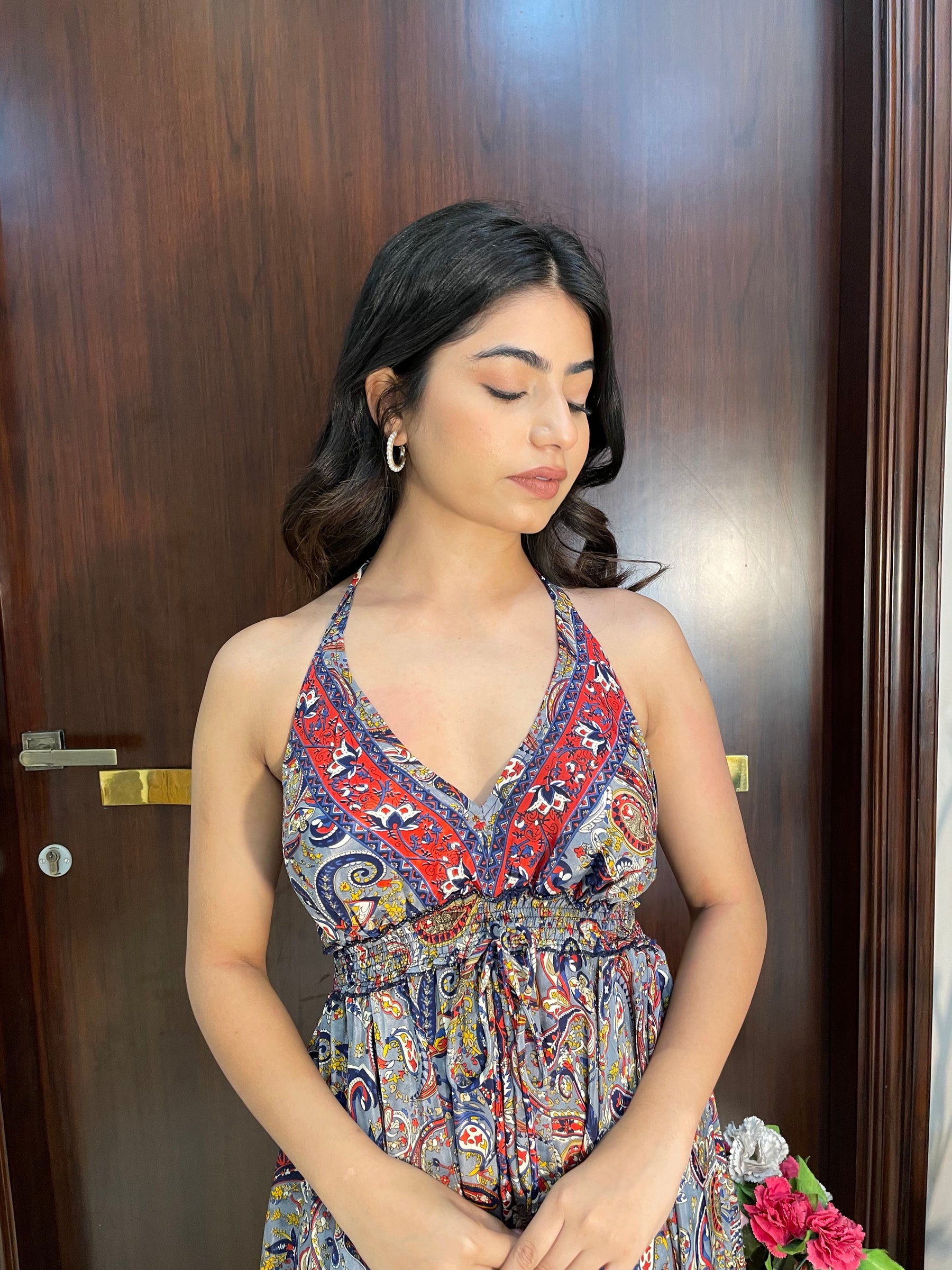 Backless Boho Printed Jumpsuit- Grey