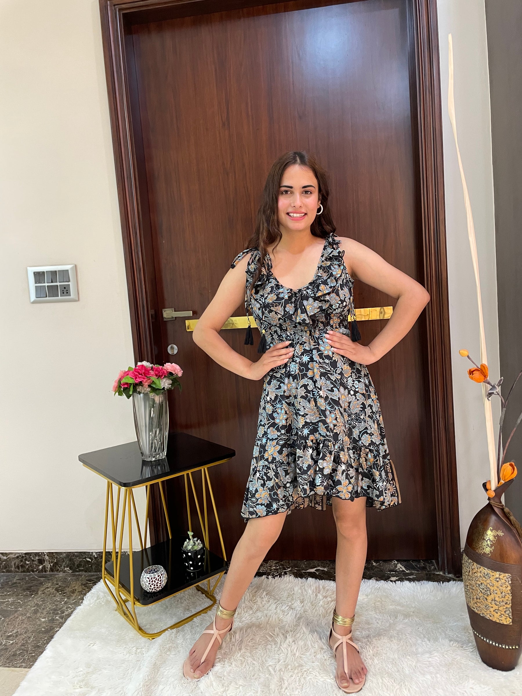 Frilled Flair Boho Printed Short Dress- Black