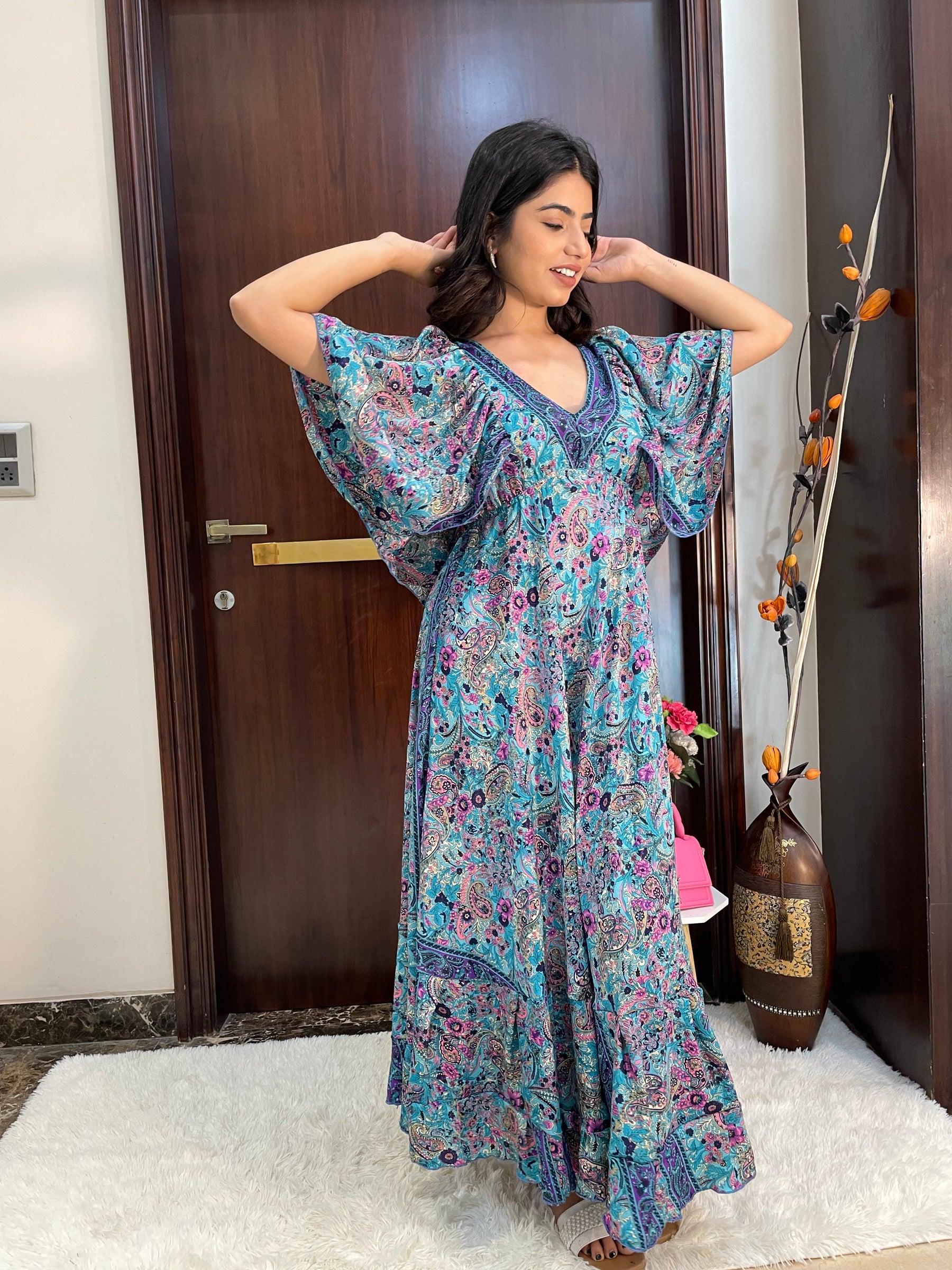 Deep V neck gold (foil) print featured boho maxi dress-Smisingbee