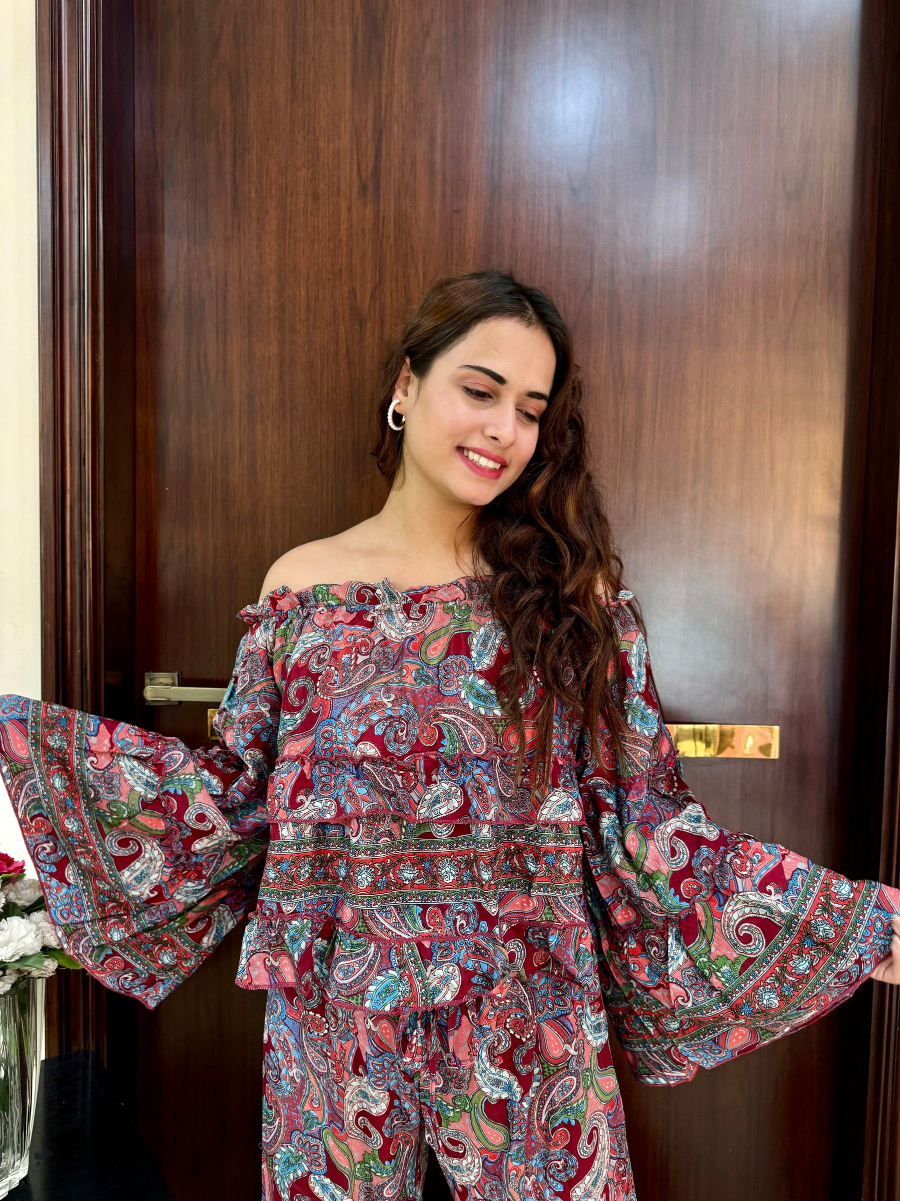 Off- Shoulder Top and Multi Panel Palazzo Coordinate Set