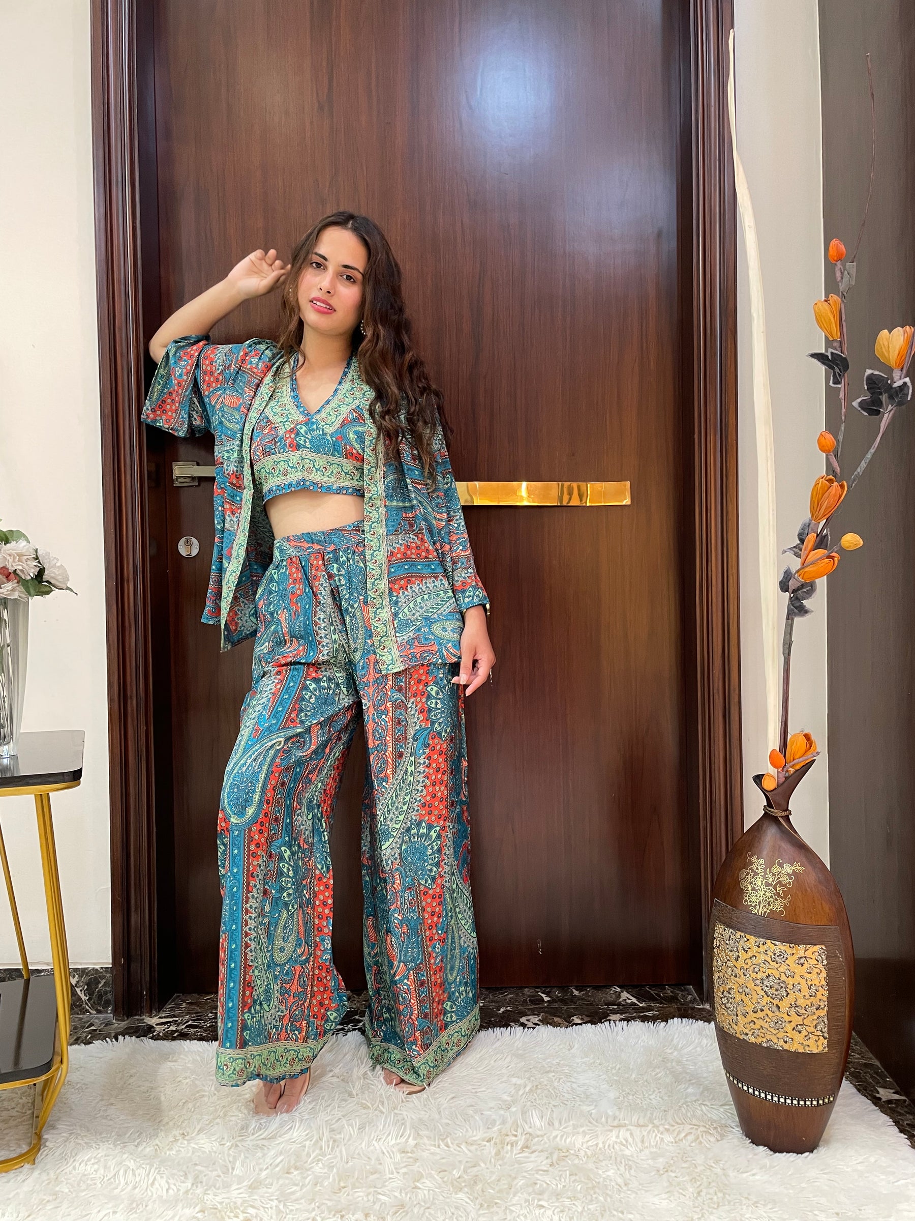 Boho Printed Bell Sleeves Kimono Coordinate Set - Deep Seaglass