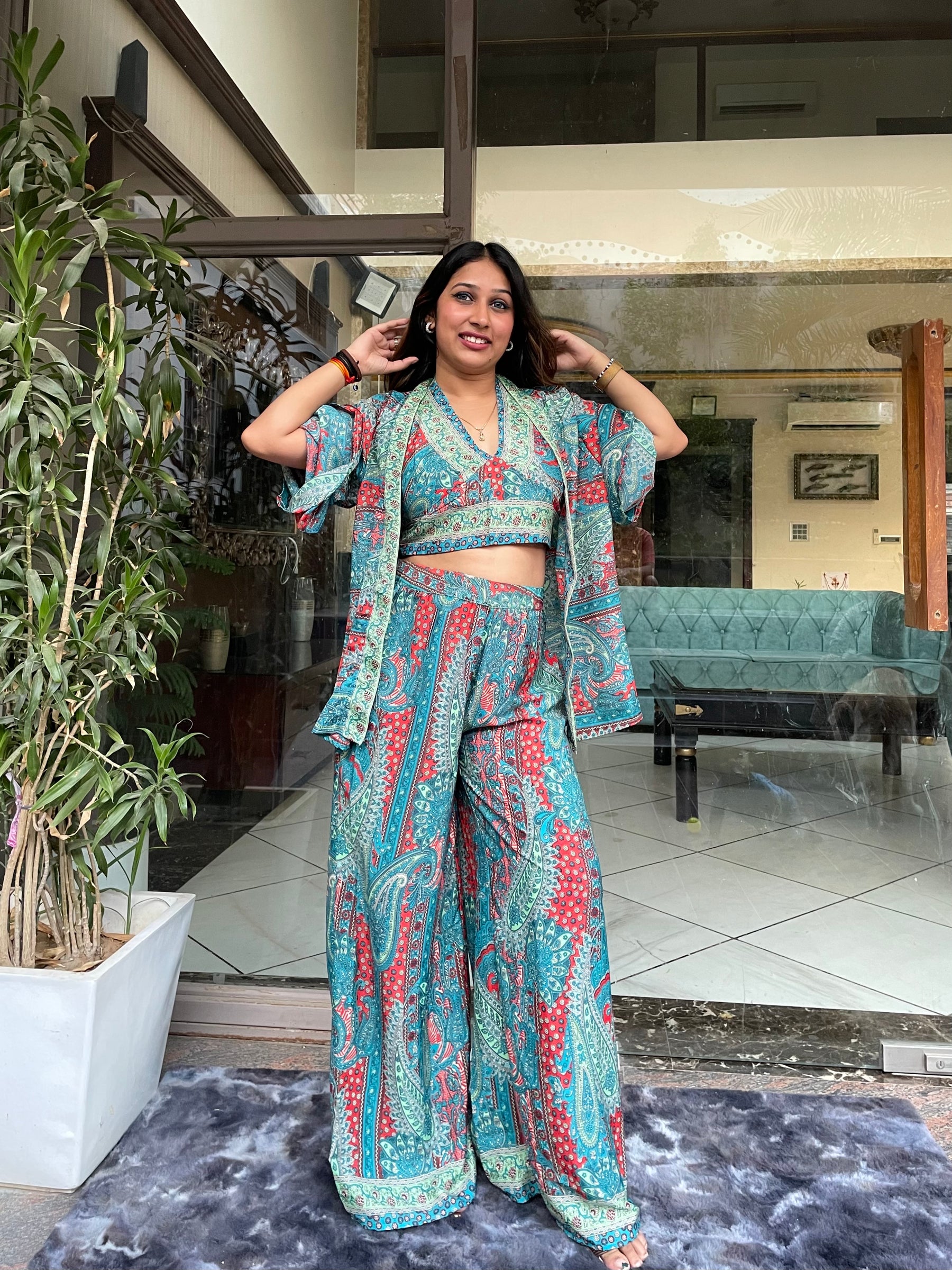 Boho Printed Bell Sleeves Kimono Coordinate Set - Deep Seaglass