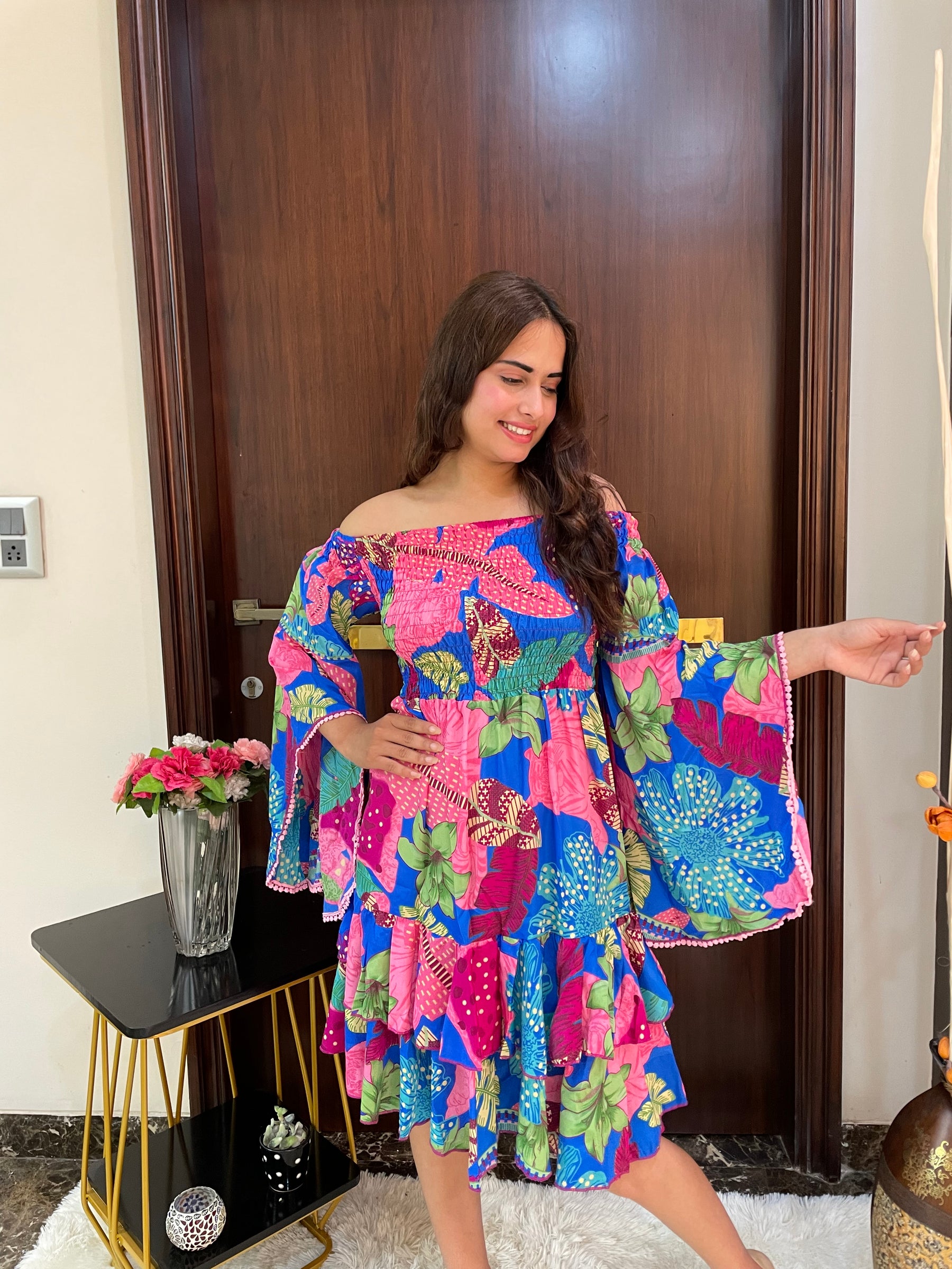 Elasticated Bust Bell Sleeves Boho Printed Short Dress - Blue