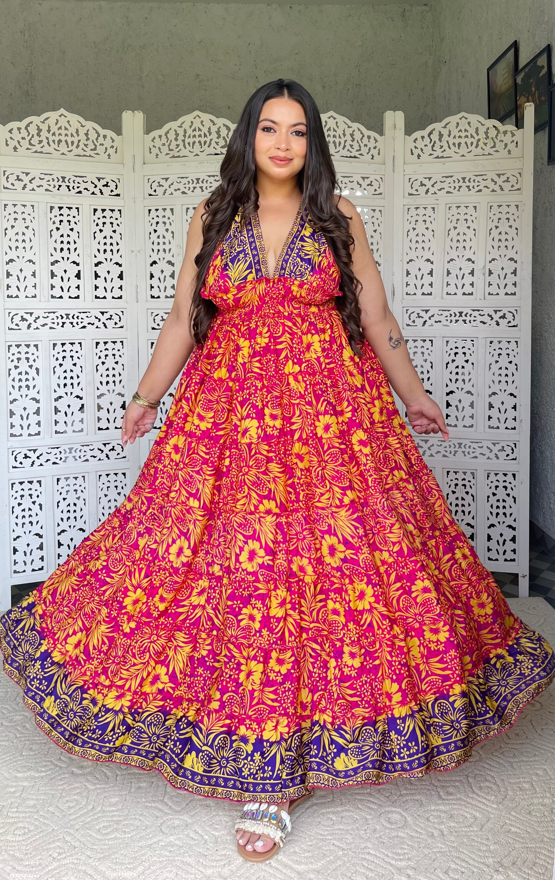 Halter Neck Multi Panel Boho printed Maxi Dress - Sunset Splendor