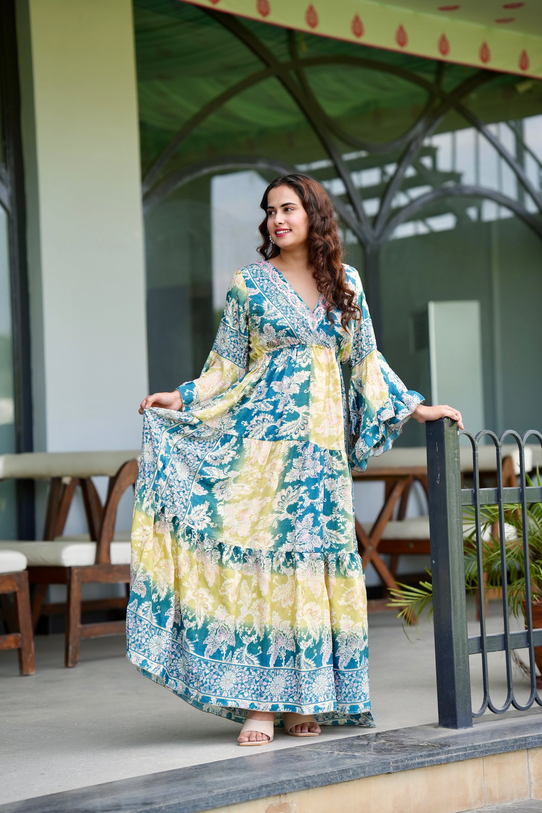 Ruffle Sleeves Boho Maxi Dress- Aqua Meadow SmisingBee