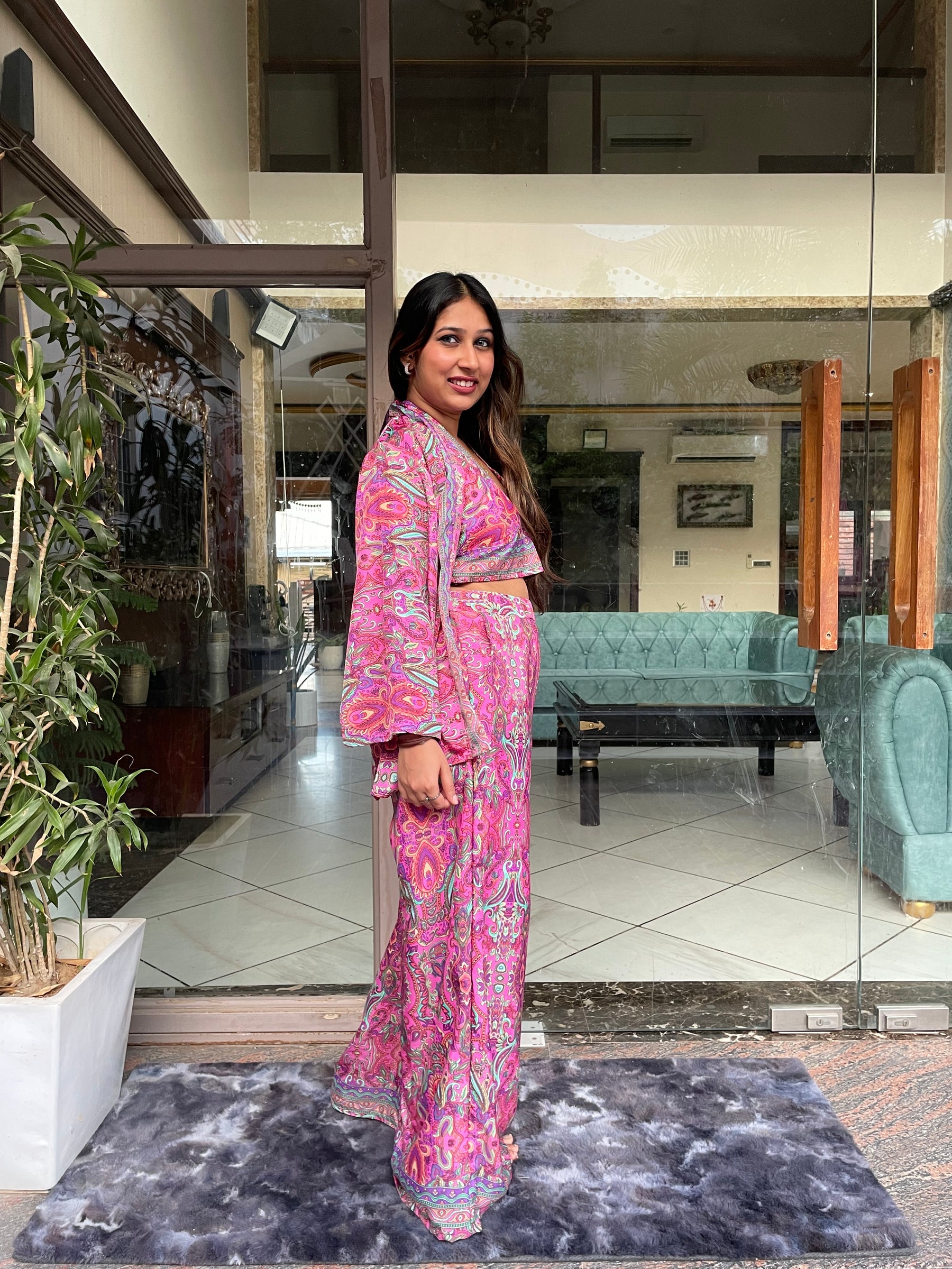 Boho Printed Bell Sleeves Kimono Coordinate Set - Rosy Blush