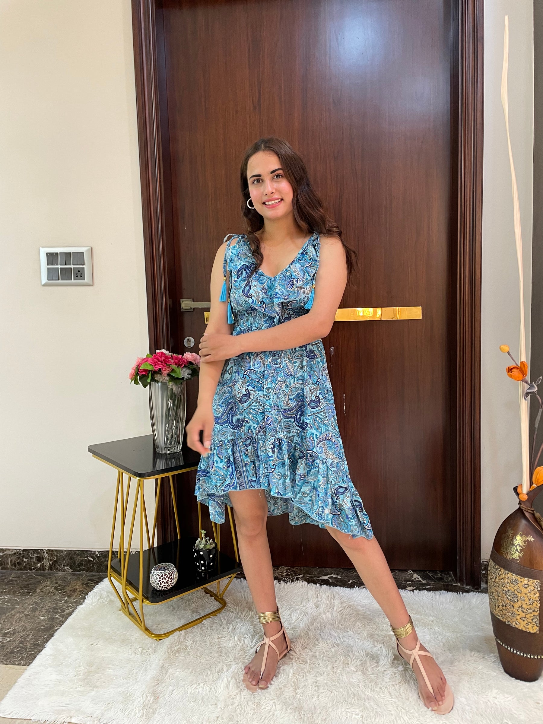 Frilled Flair Boho Printed Short Dress- Blue