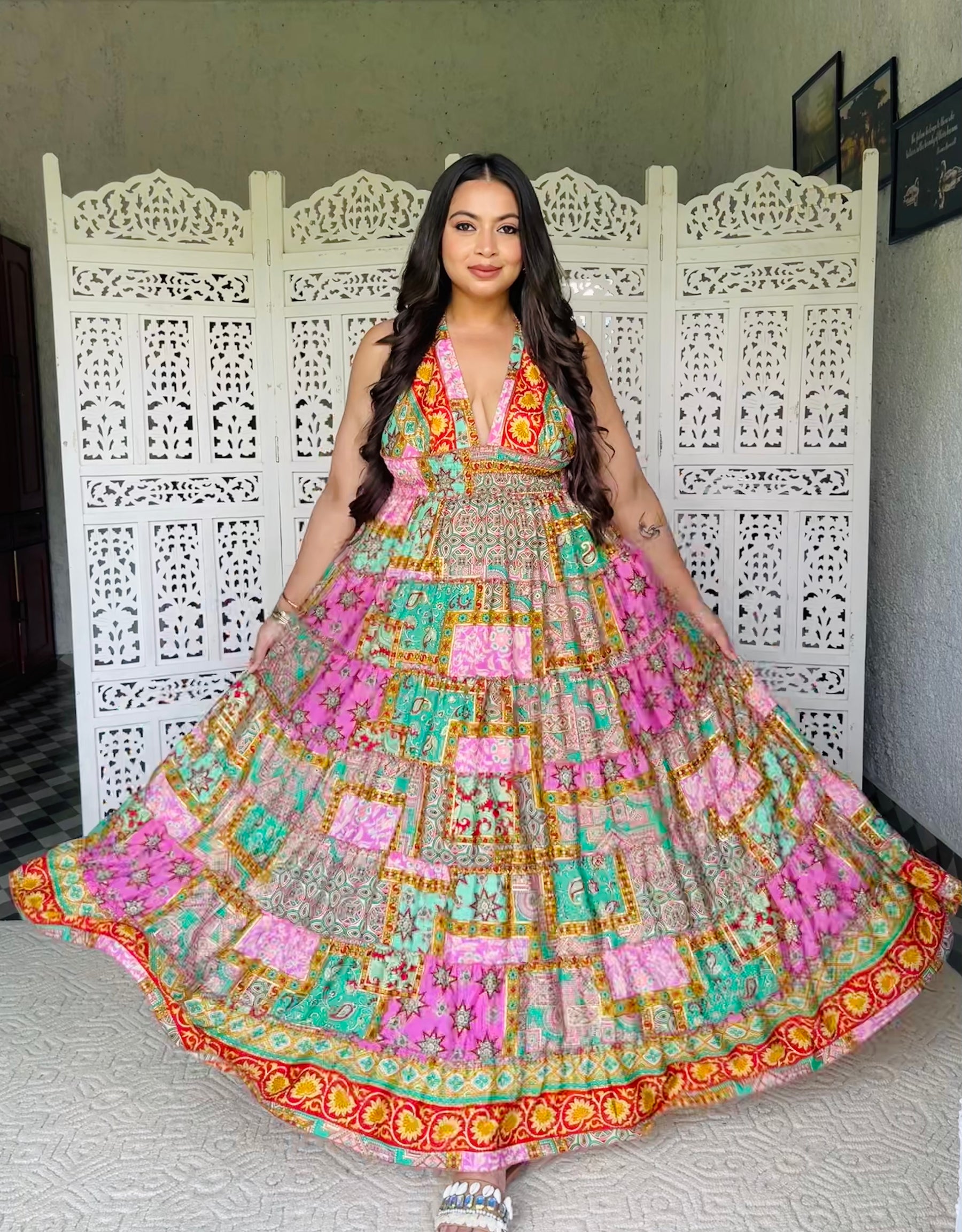Halter Neck Multi Panel Boho printed Maxi Dress - Rainbow Rhythm