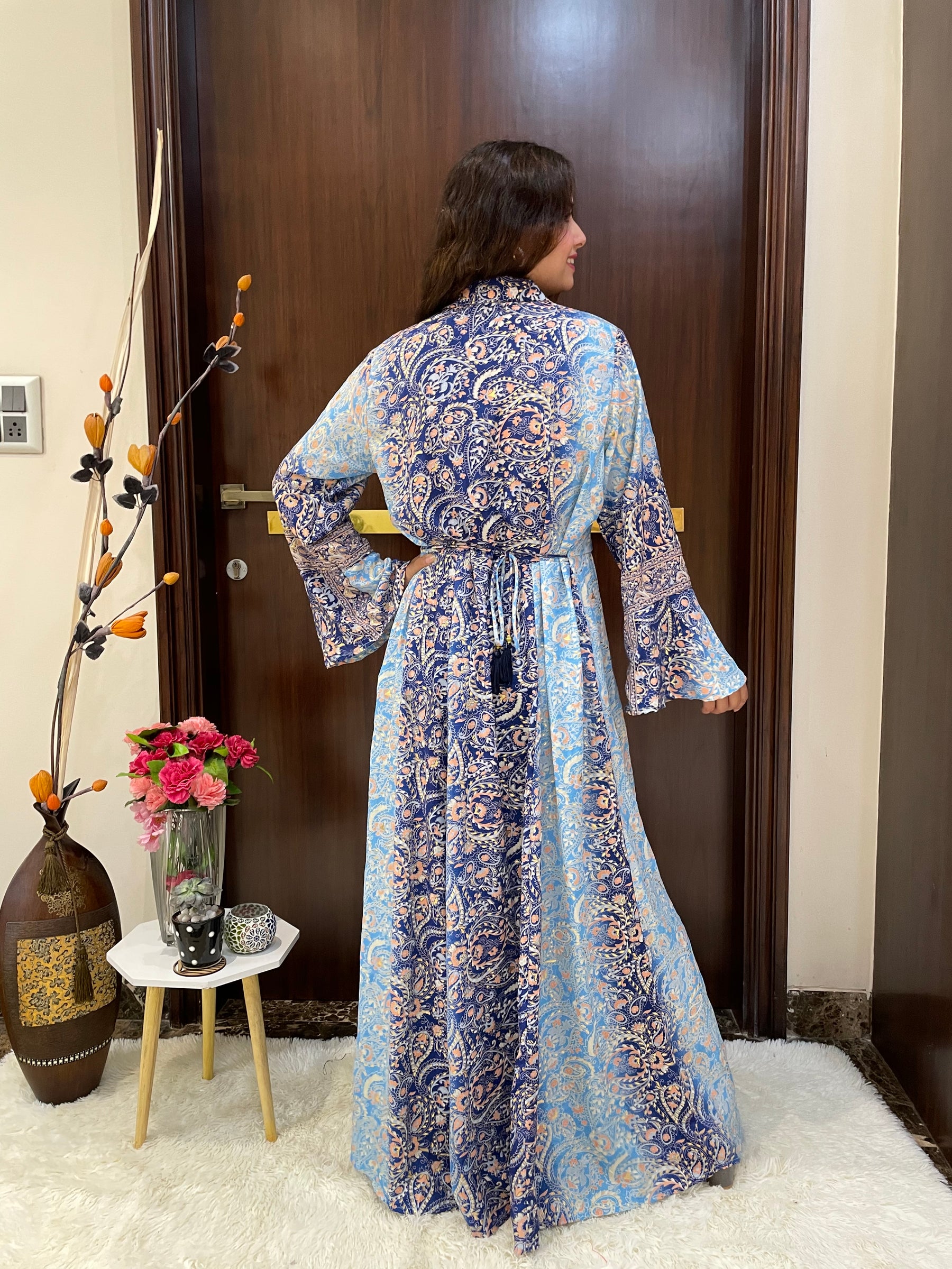Collar pattern gold (foil) print featured boho long dress - Blue