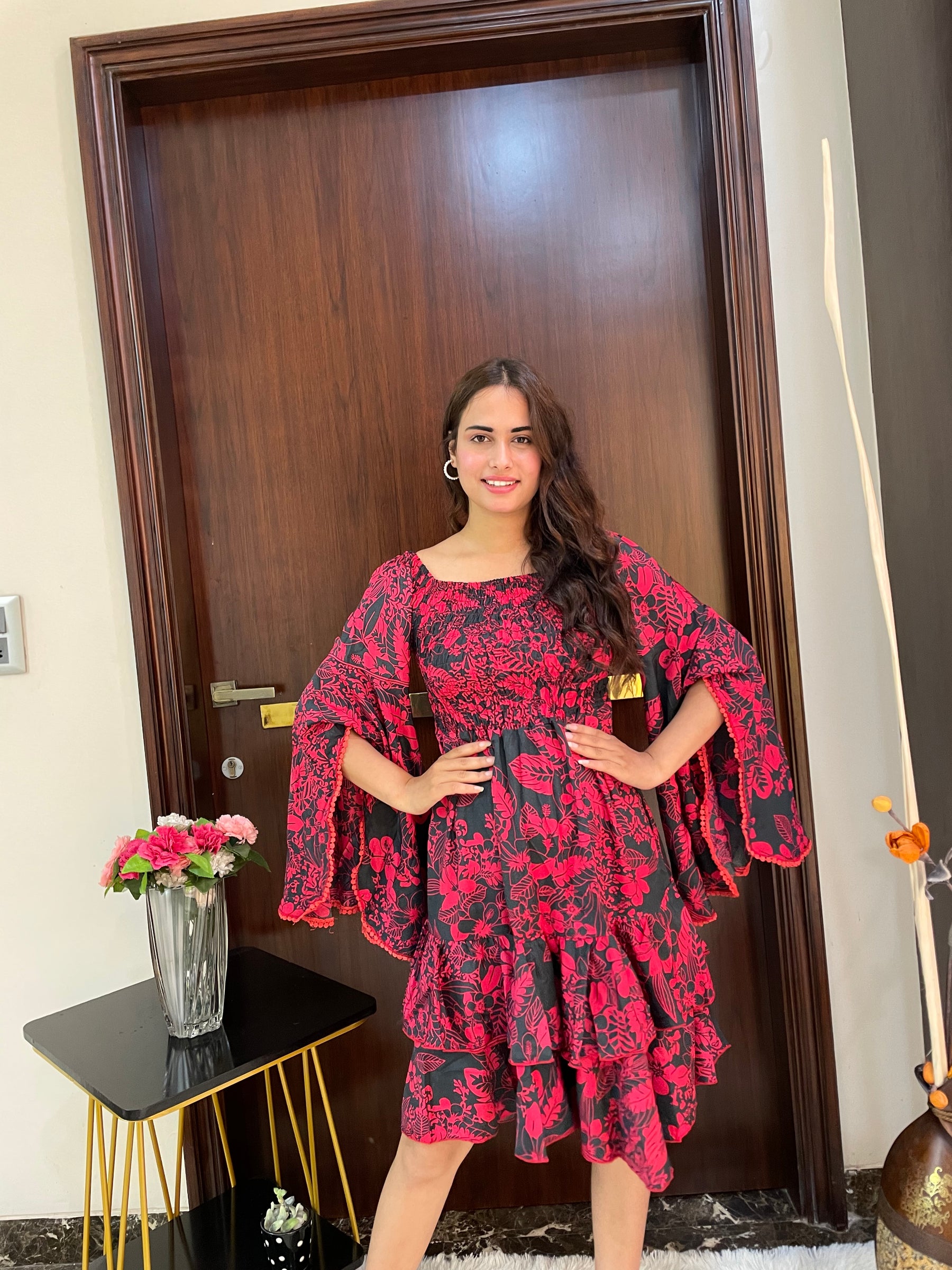 Elasticated Bust Bell Sleeves Boho Printed Short Dress - Red