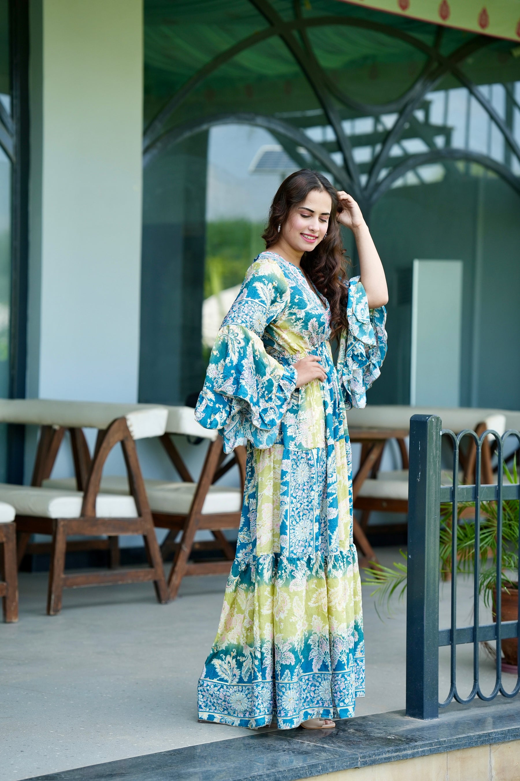 Ruffle Sleeves Boho Maxi Dress- Aqua Meadow SmisingBee