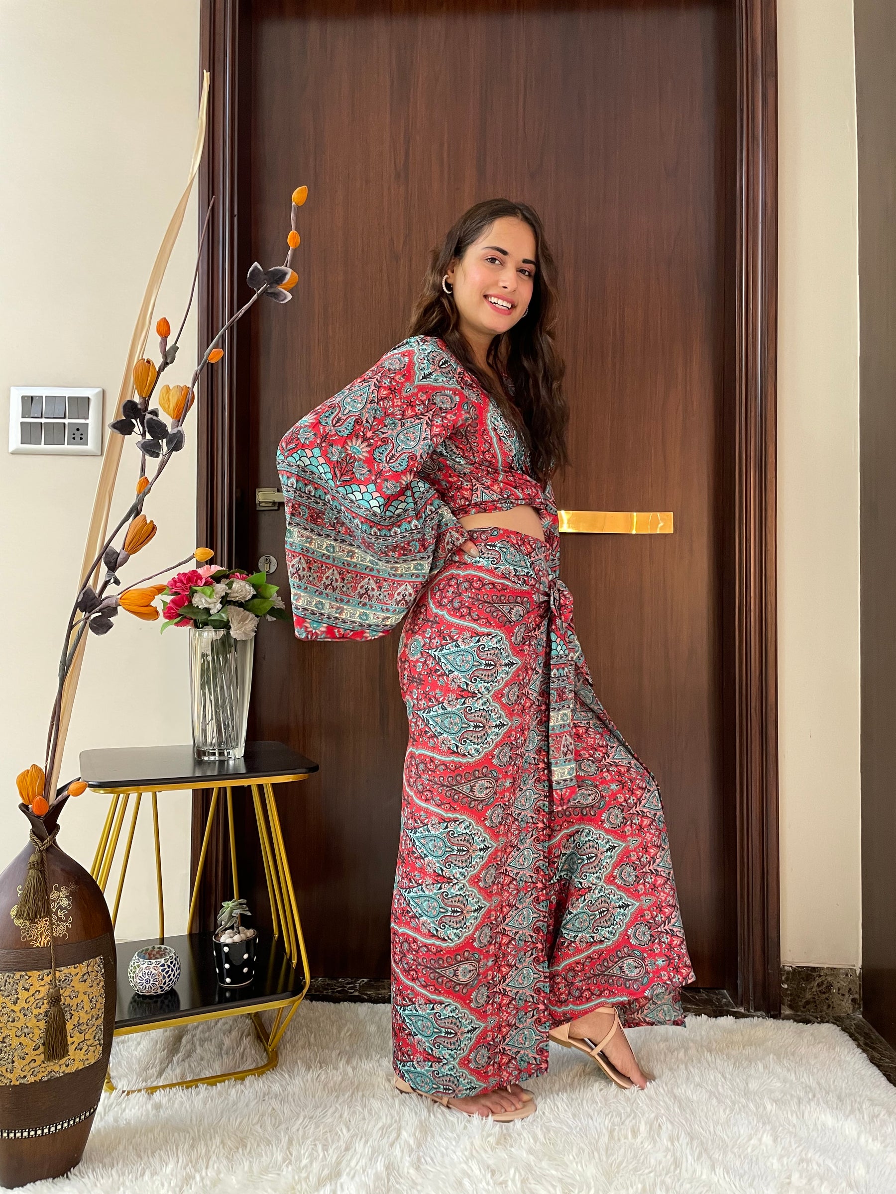 Boho Printed Wrap Trouser - Red