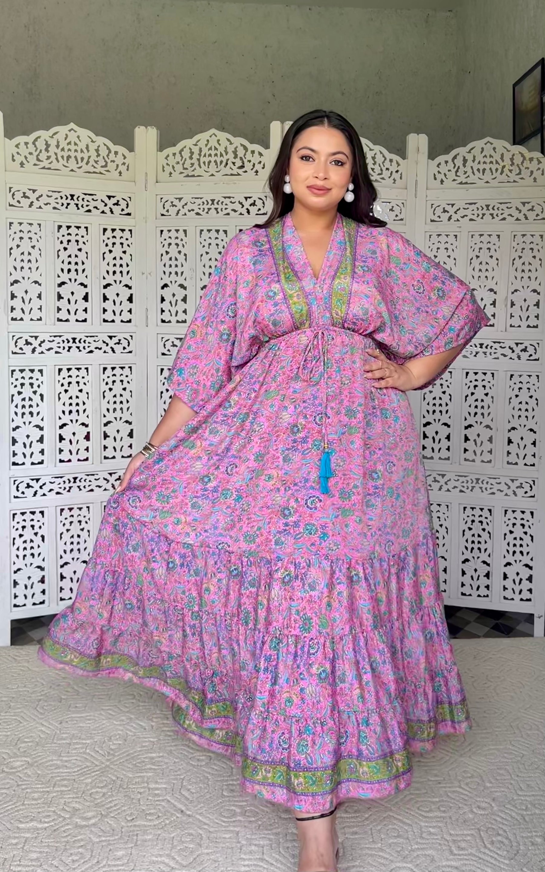SmisingBee Curve Kaftan Pattern Boho Printed Maxi Dress - Pink Petal