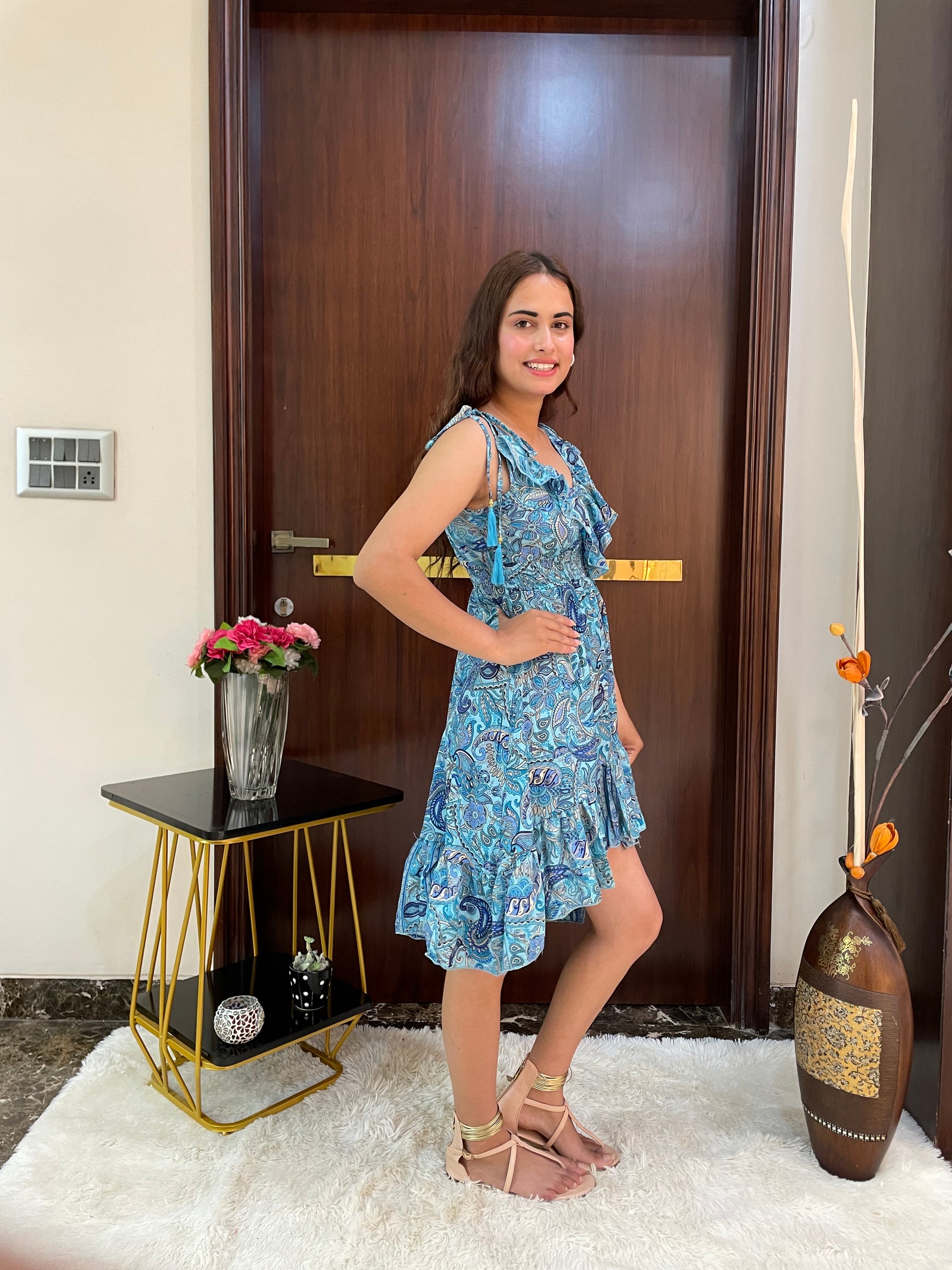 Frilled Flair Boho Printed Short Dress- Blue