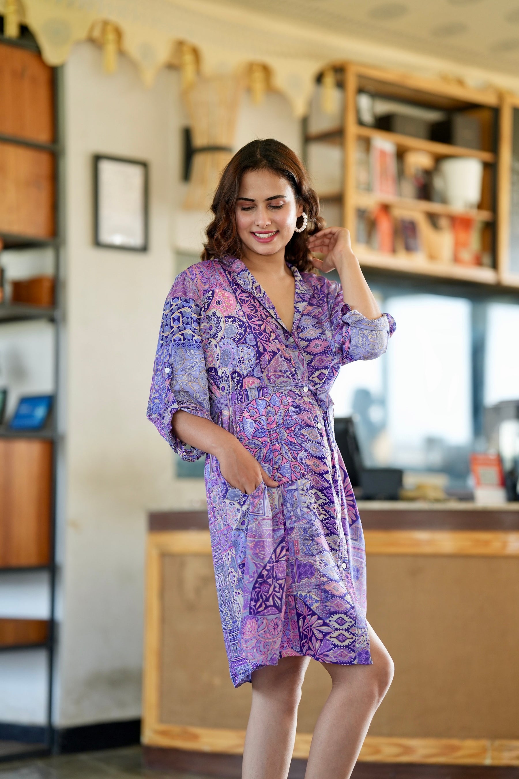 Boho Printed Shirt Dress - Mauve Mist
