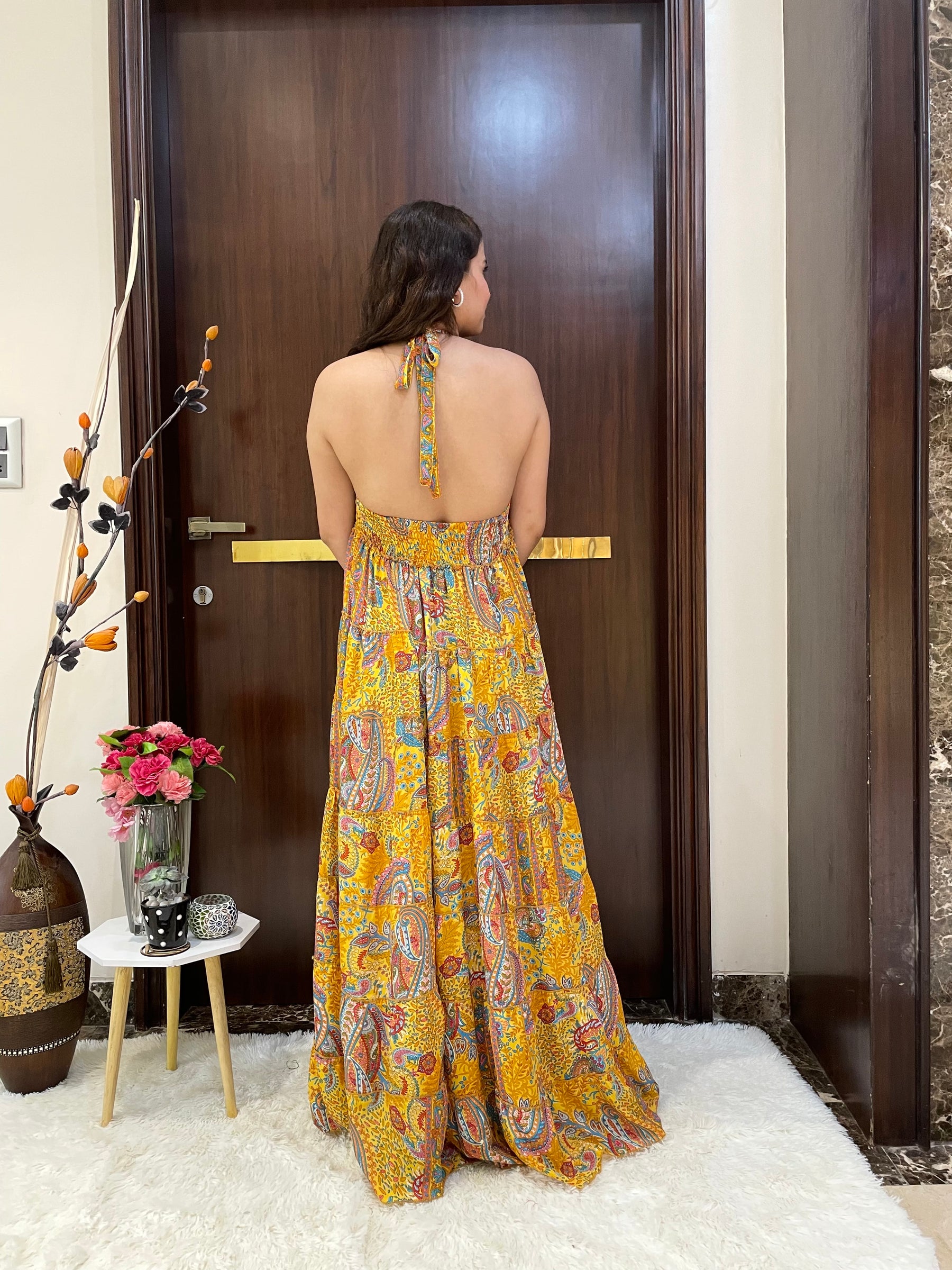 Halter Neck Multi Panel Boho printed Maxi Dress In Yellow