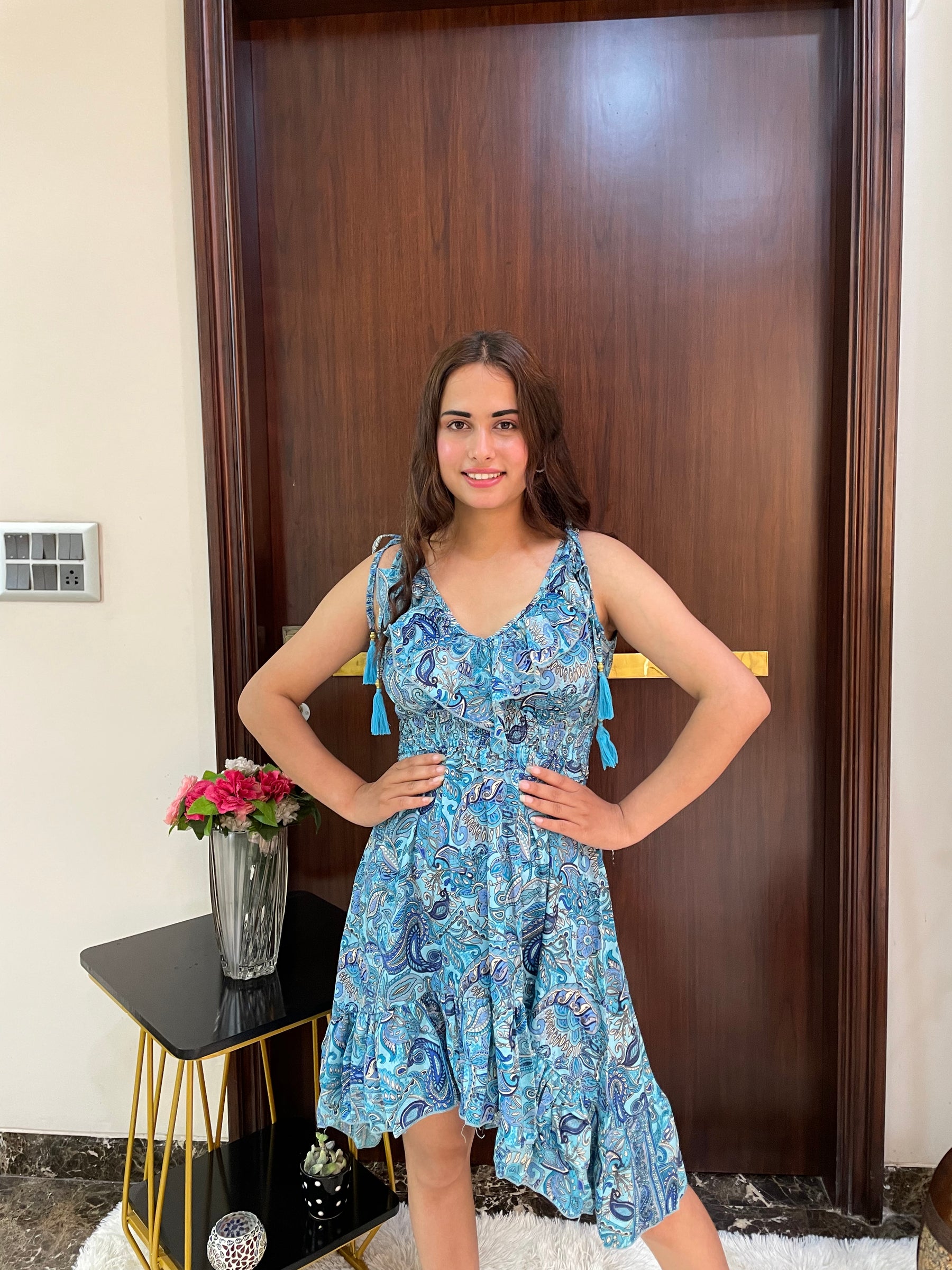 Frilled Flair Boho Printed Short Dress- Blue