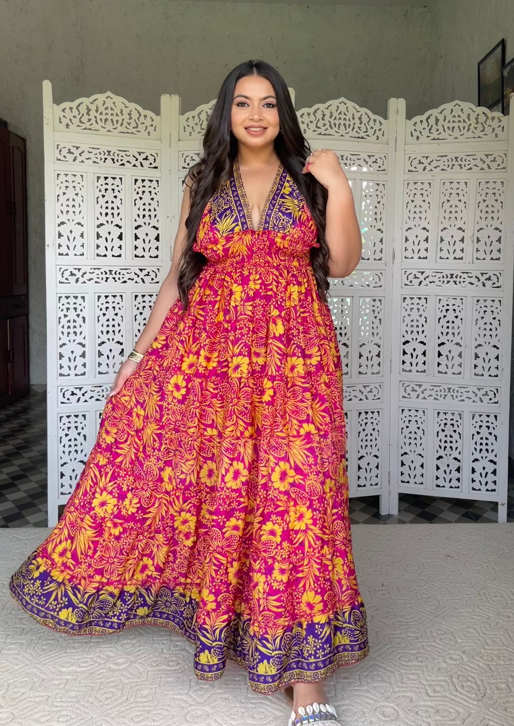 Halter Neck Multi Panel Boho printed Maxi Dress - Sunset Splendor