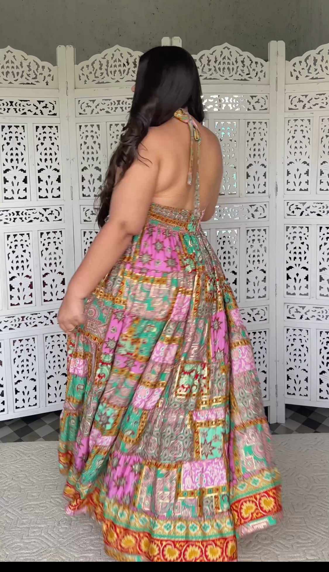 Halter Neck Multi Panel Boho printed Maxi Dress - Rainbow Rhythm