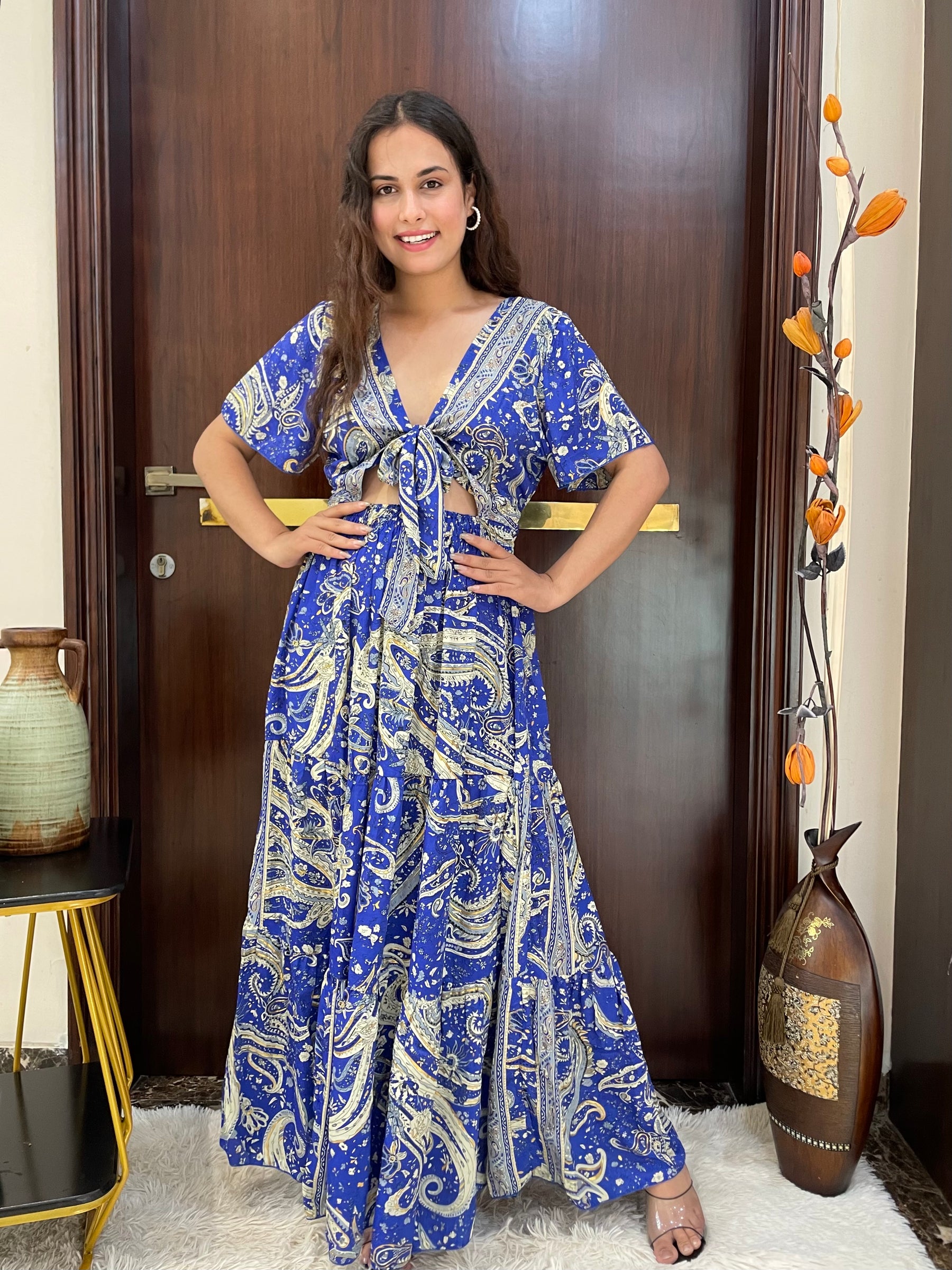 Tie front ruffle hem gold(foil) print featured maxi dress - Ocean Velvet