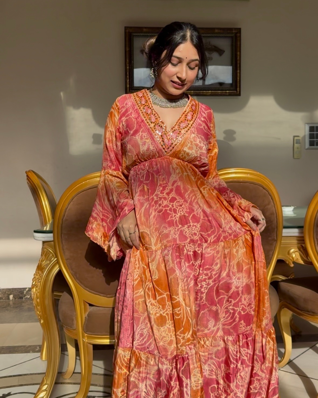 Ruffle Sleeves Boho Maxi Dress- Tangerine Light