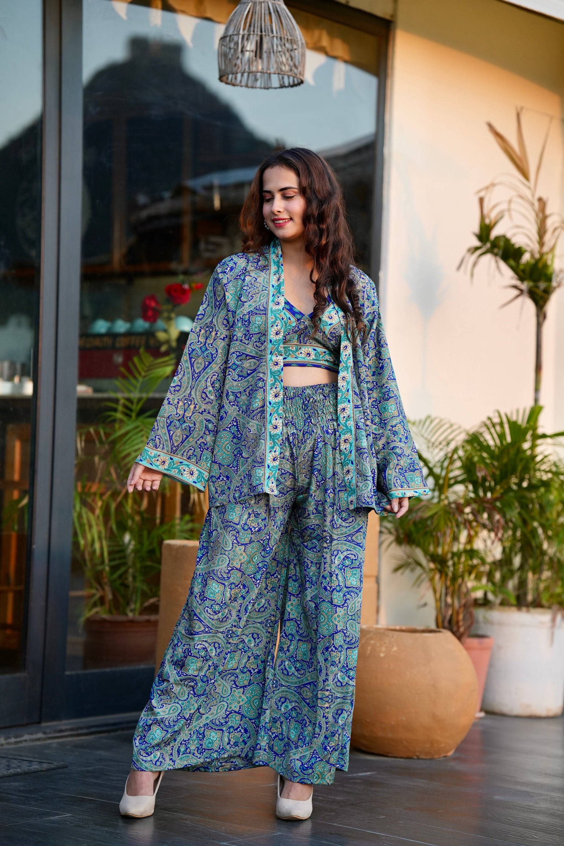Boho Printed Kimono Three Piece Set - Minty Fresh