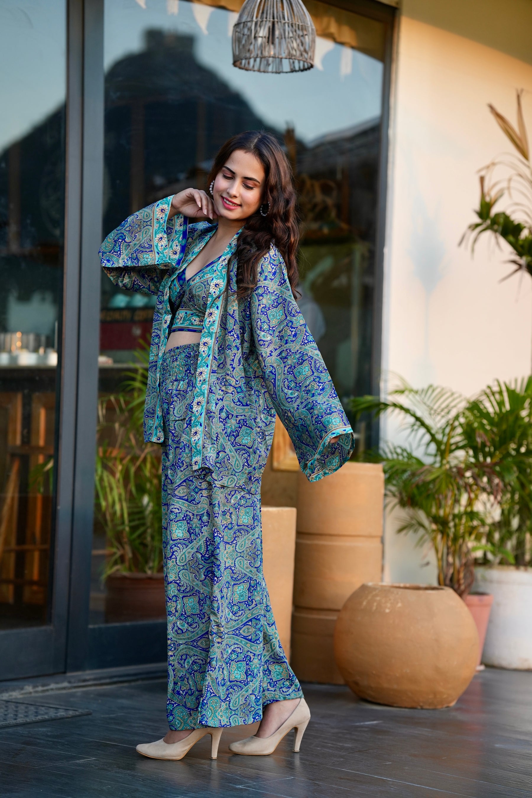 Boho Printed Kimono Three Piece Set - Minty Fresh
