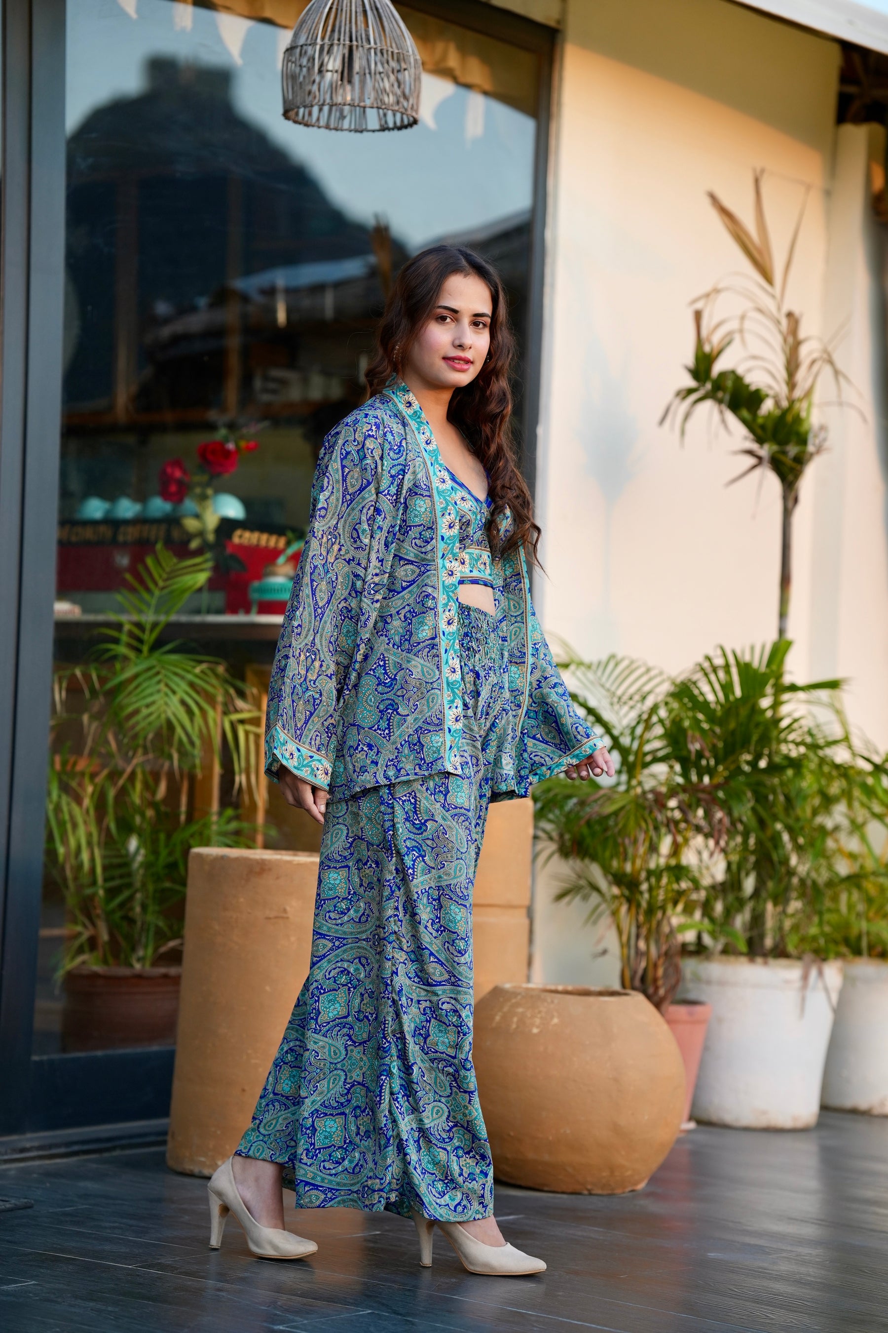 Boho Printed Kimono Three Piece Set - Minty Fresh