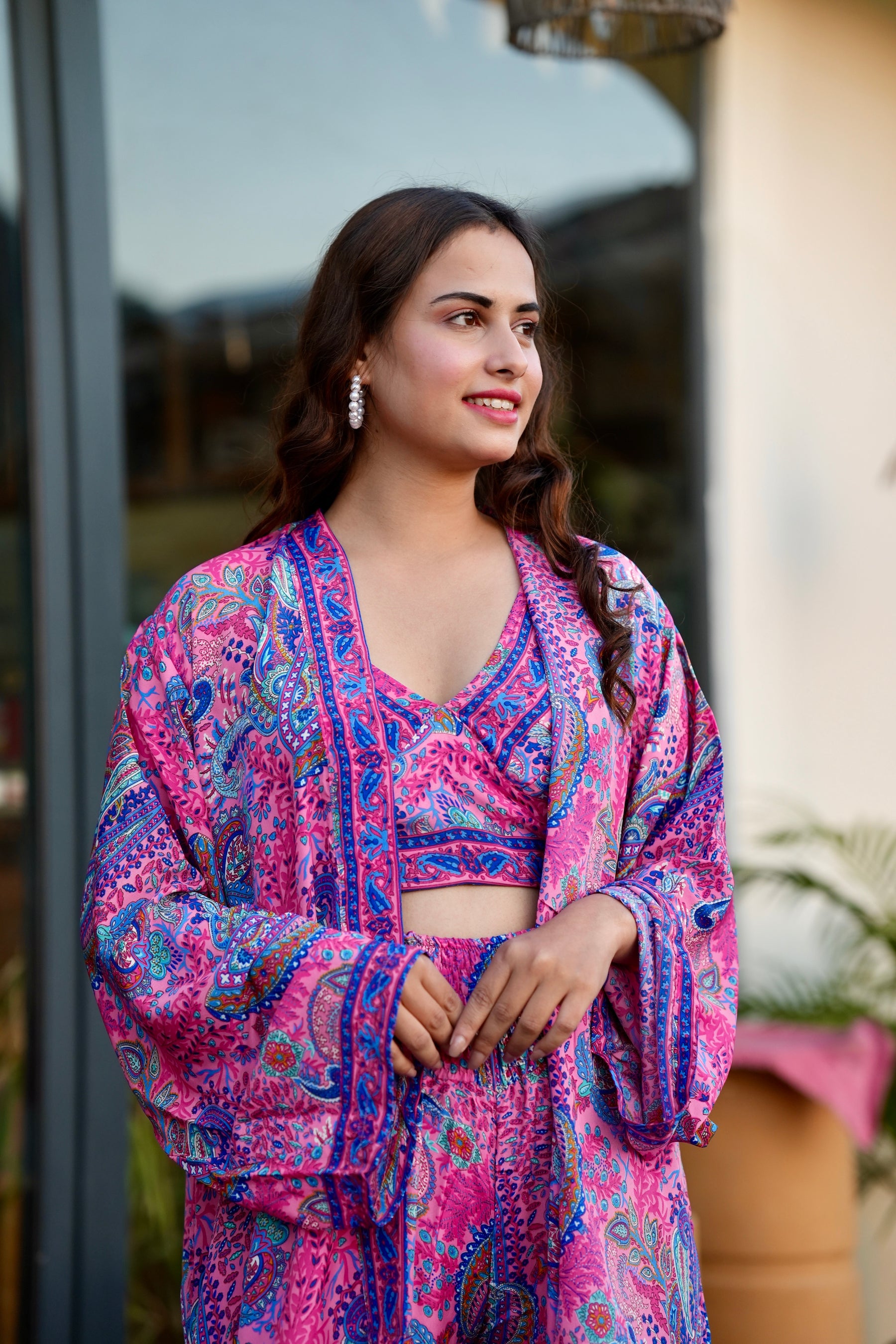 Boho Printed Kimono Three Piece Set - Pink Lagoon