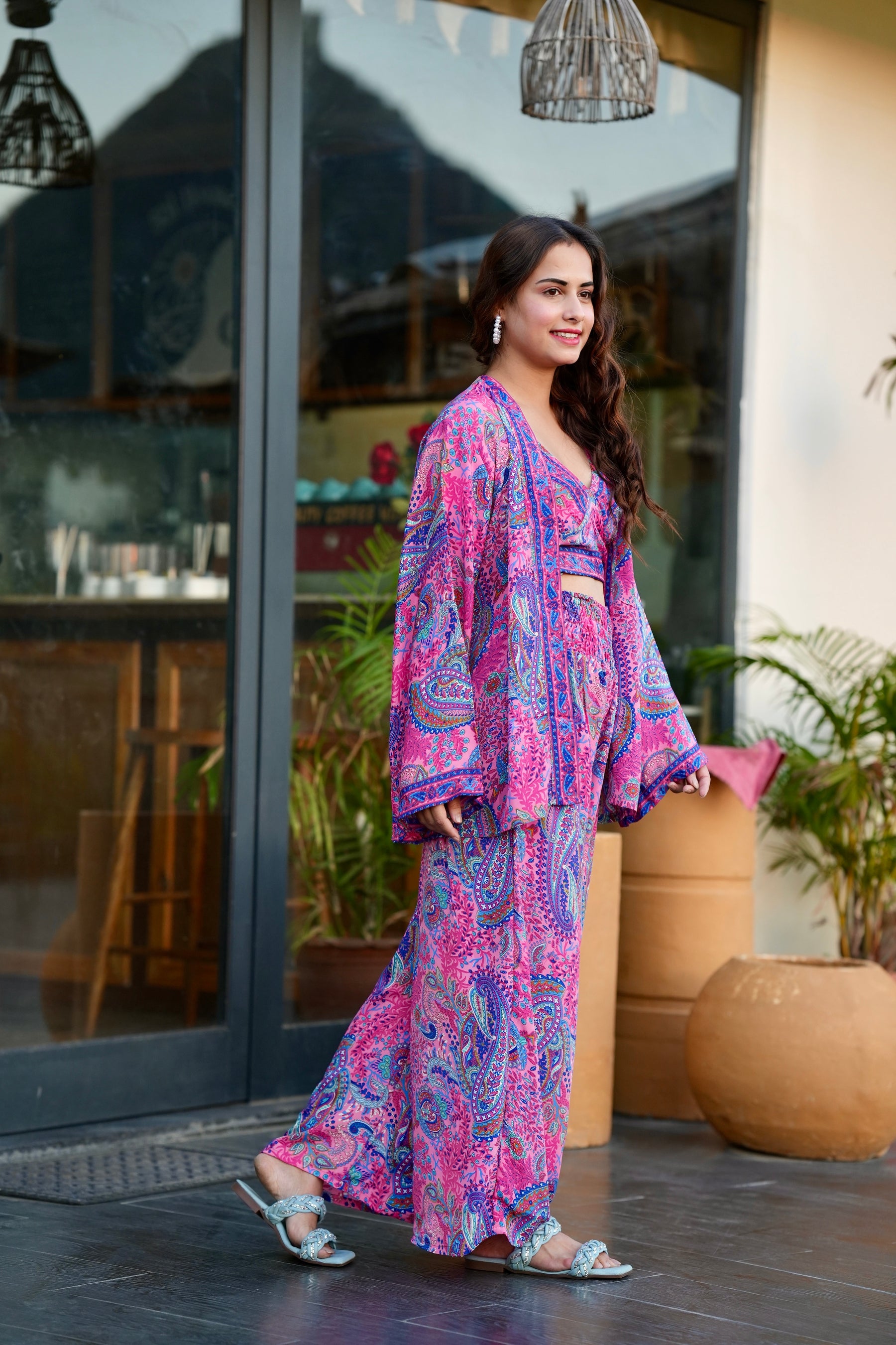 Boho Printed Kimono Three Piece Set - Pink Lagoon