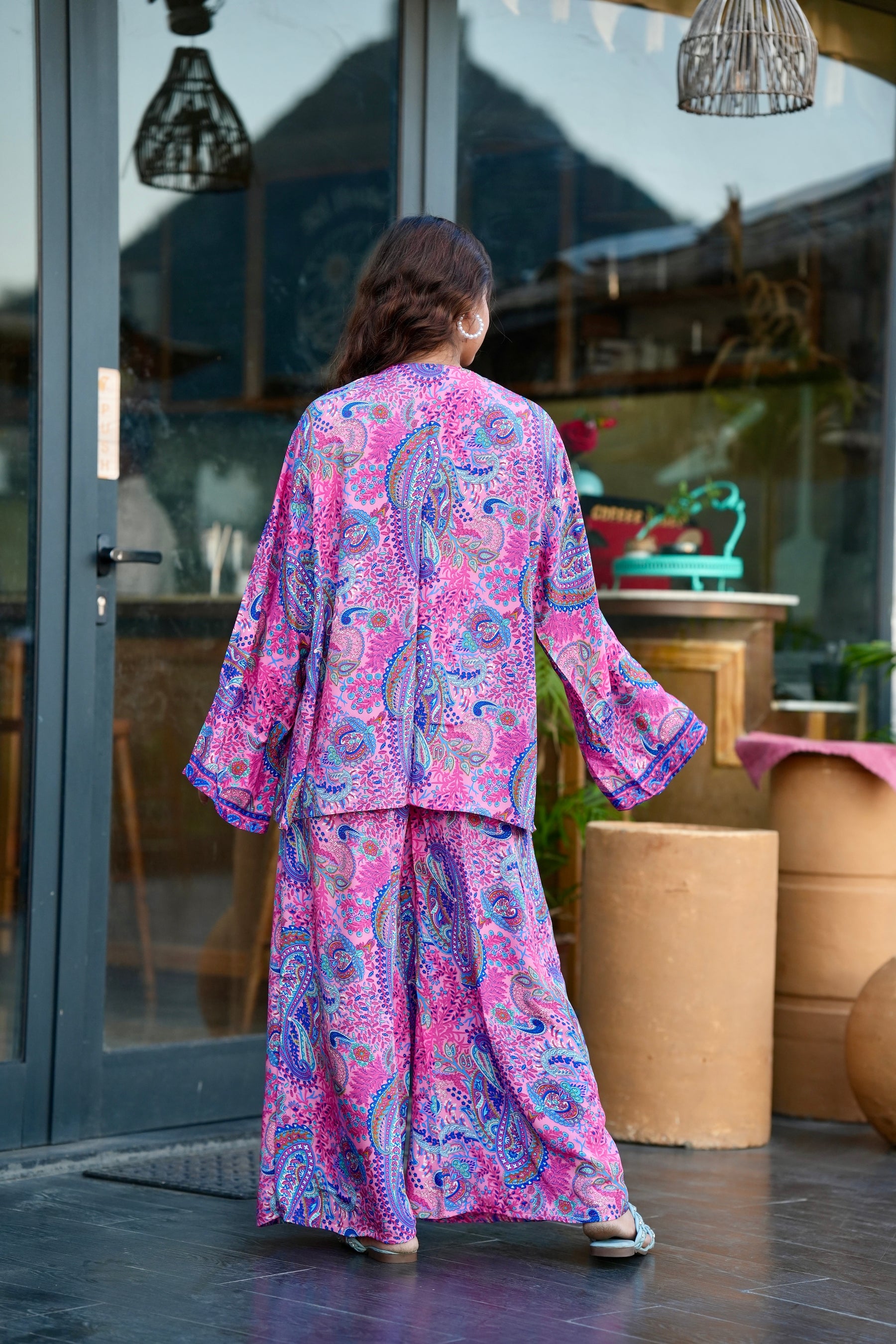 Boho Printed Kimono Three Piece Set - Pink Lagoon