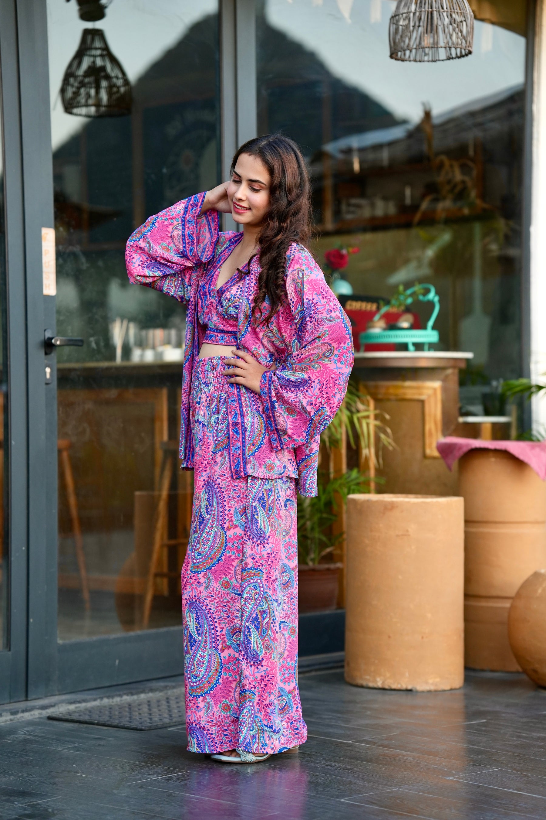 Boho Printed Kimono Three Piece Set - Pink Lagoon